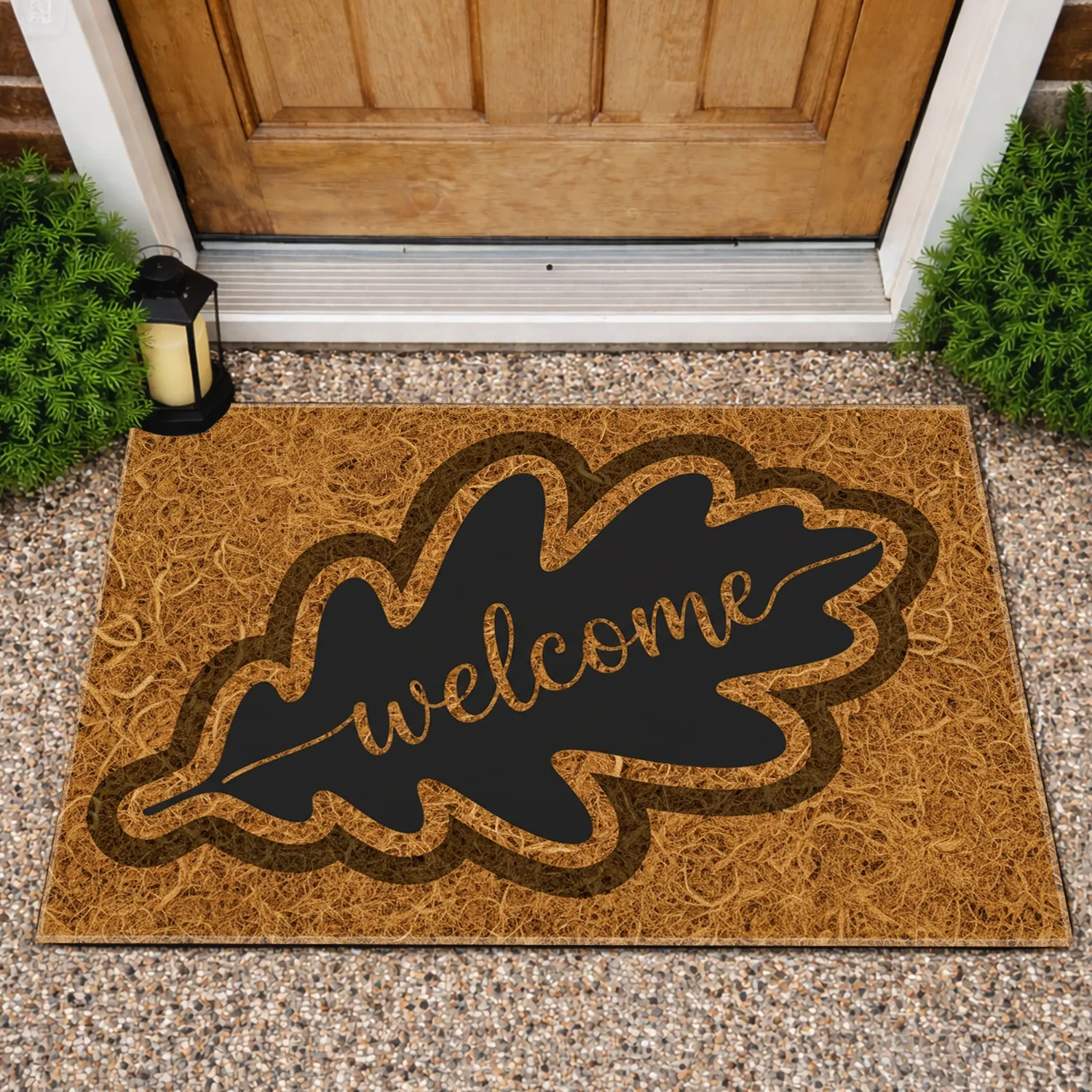 Black Oak Leaf Welcome Calligraphy - Golden Brown Coir Texture Home Decor Gift Doormat - 1