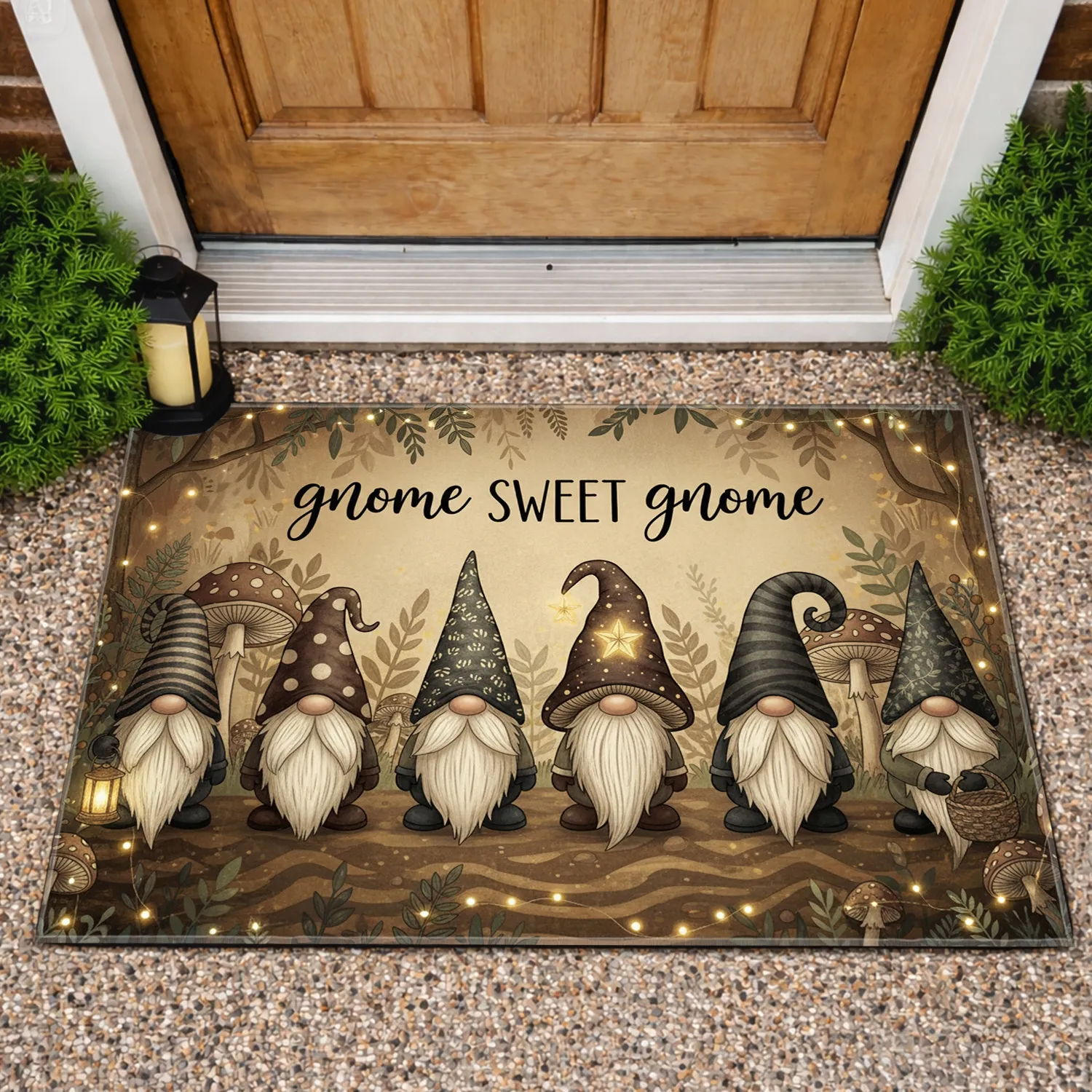 Gnome Home Garden Six Gnomes Forest Flora Mushrooms - Home Decor Gift for Gnome Lover Doormat - 1