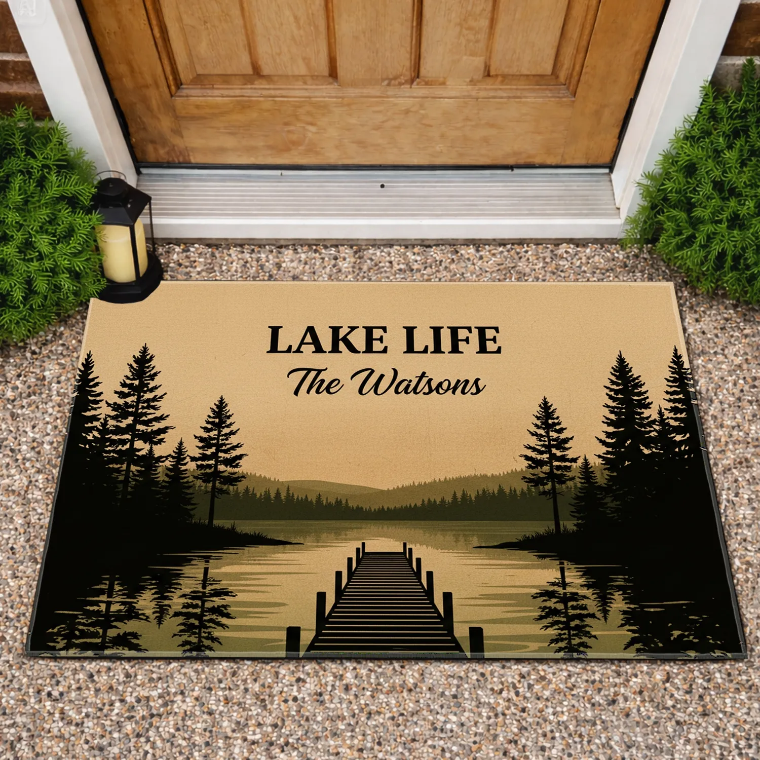 Lake Life Dock Pine Trees Lakeside Vista Custom Name - Everyday Home Decor Gift Doormat - 1