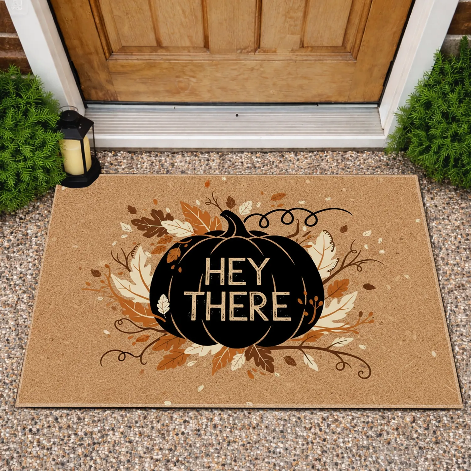 Black Pumpkin Silhouette Hey There Text Fall Leaves - Autumn Home Decor Doormat - 1
