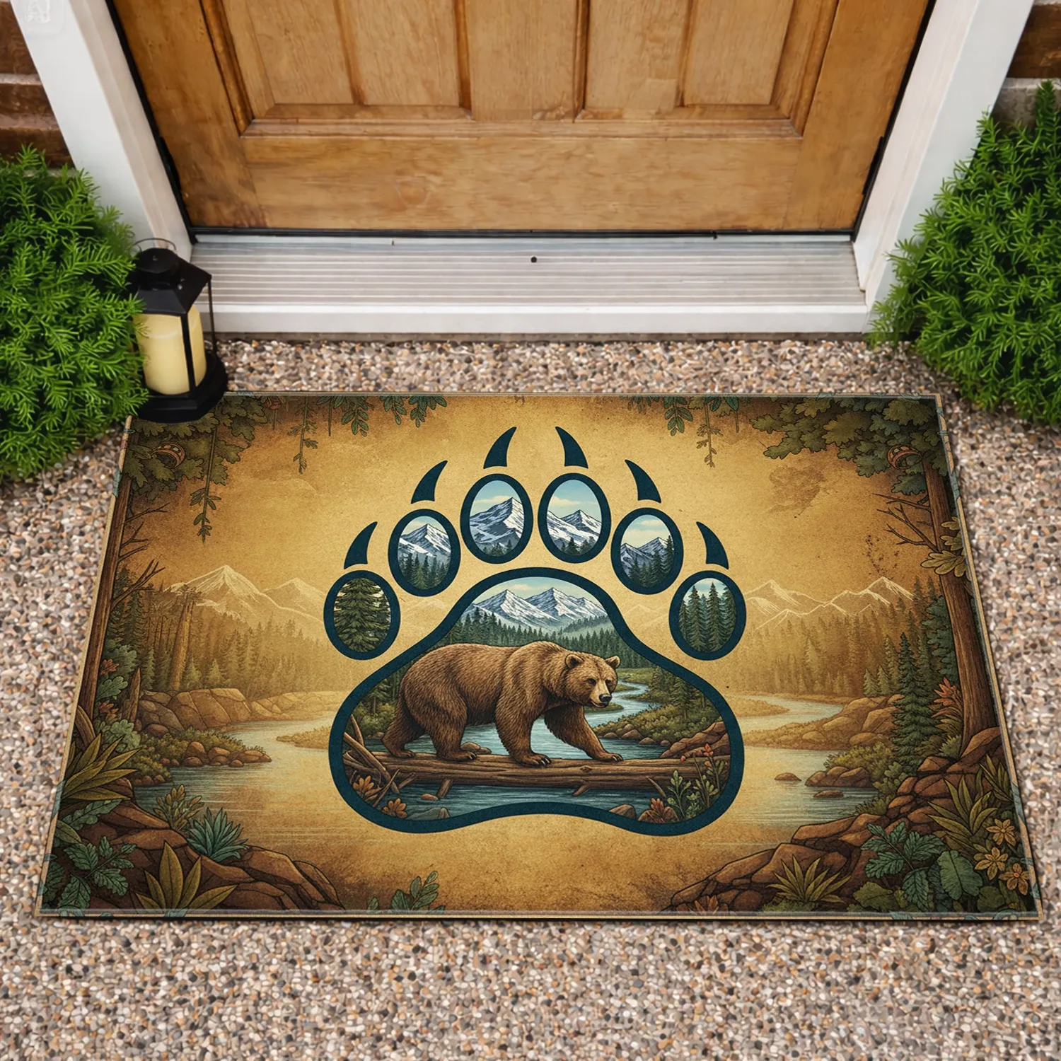Majestic Brown Bear Paw Print Mountains River Forest Wilderness - Wildlife Lover Gift Doormat - 1
