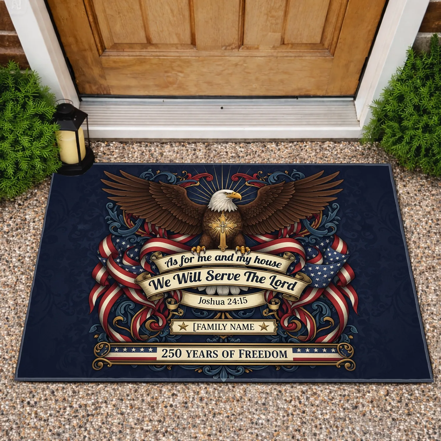 Bald Eagle American Flag Joshua Custom Family Name - 250 Years of Freedom Anniversary Decor Doormat - 1