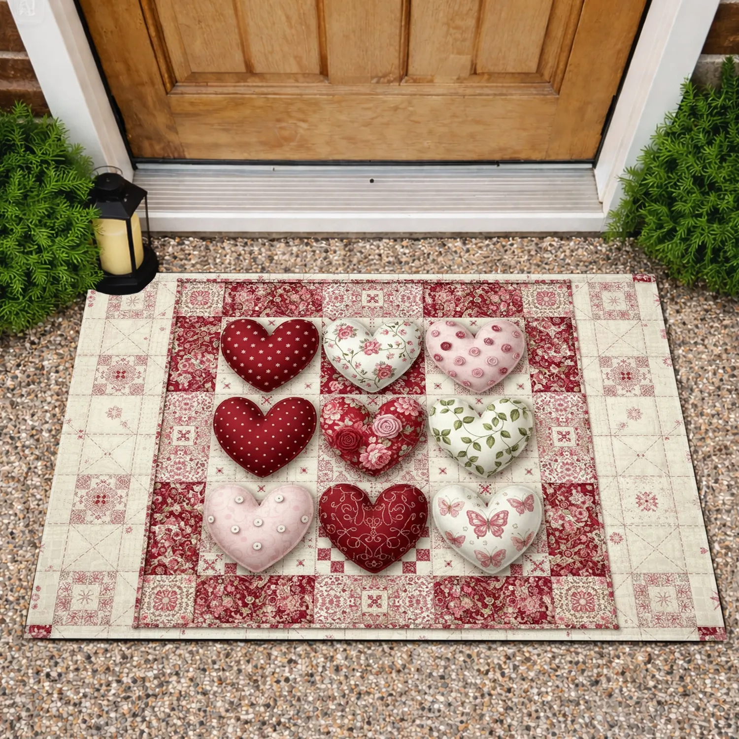 Nine Quilted Hearts Floral Grid - Housewarming Home Decor Gift Doormat - 1