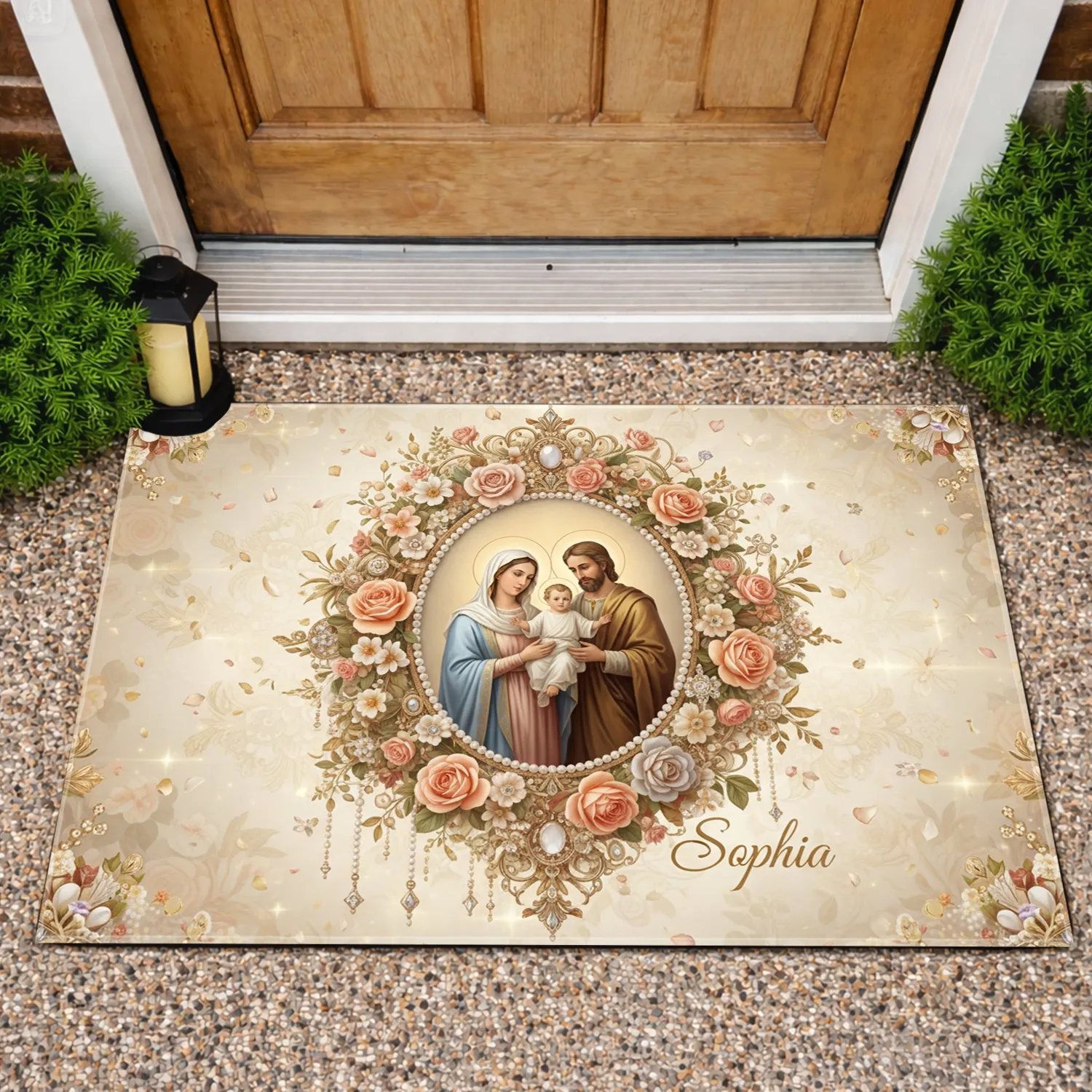 Holy Family Roses Filigree Custom Name - Christian Home Decor Gift Doormat - 1