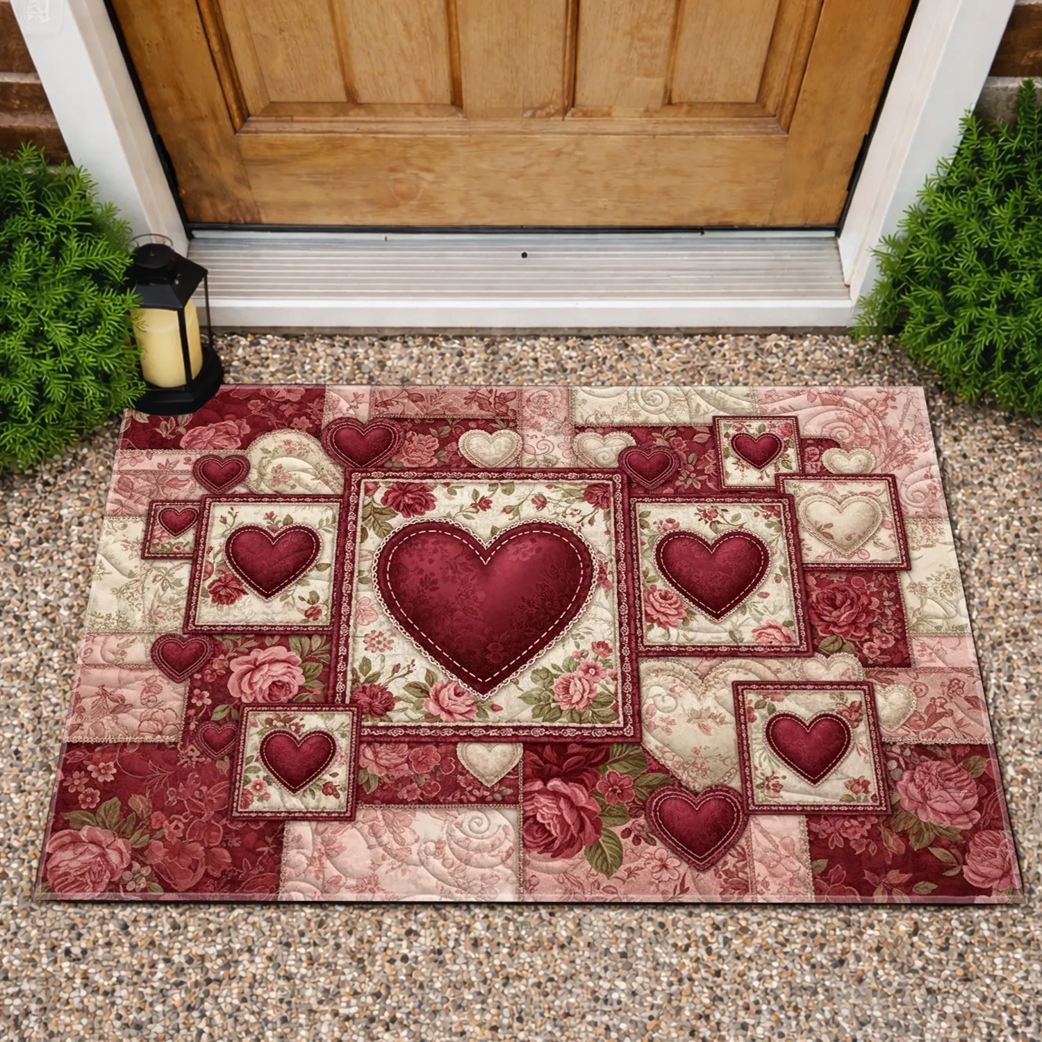 Patchwork Hearts Scrolled Floral Roses - Home Decor Gift Doormat - 1