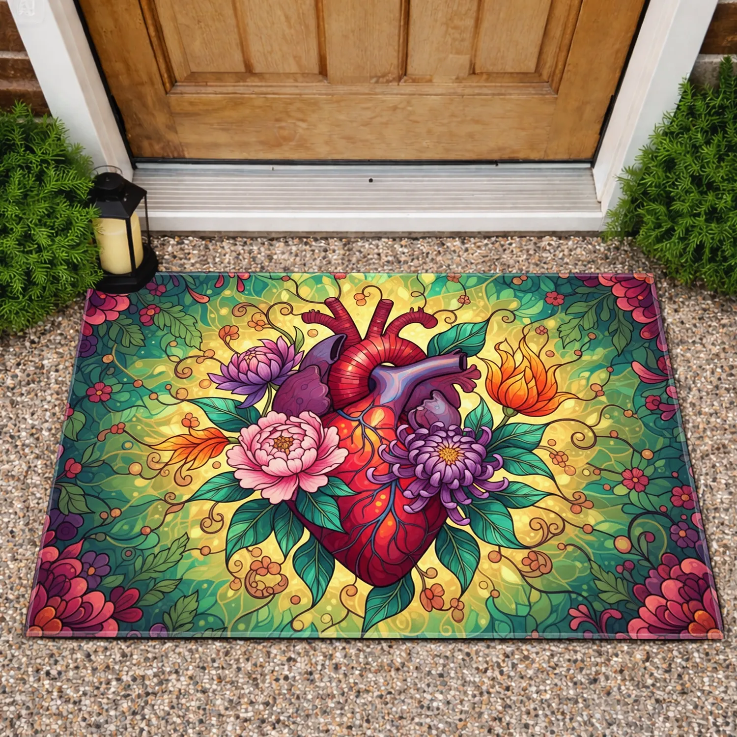 Stained Glass Anatomical Heart Botanical Floral - Garden Decor Gift Doormat - 1