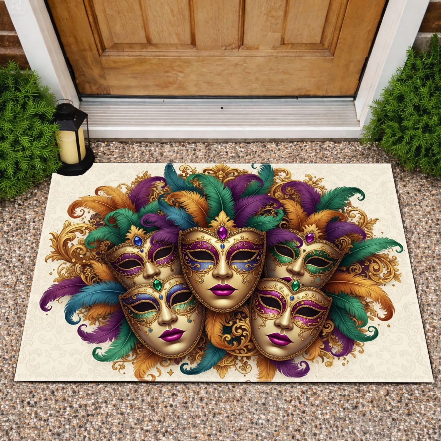 Jeweled Mardi Gras Masks Golden Filigree - Mardi Gras Celebration Decor Doormat - 1