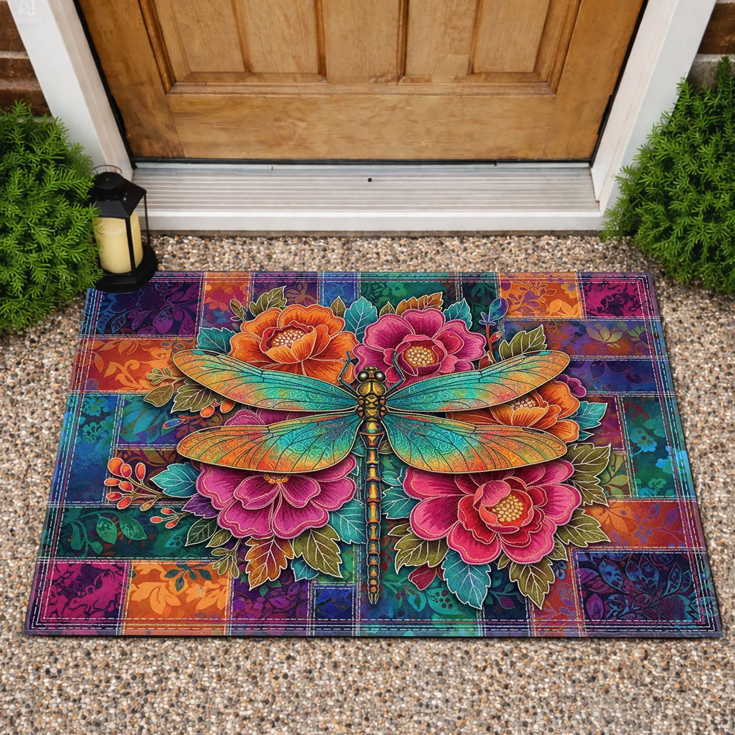 Iridescent Dragonfly Floral Quilted Patchwork - Home Decor Gift for Nature Lover Doormat - 1
