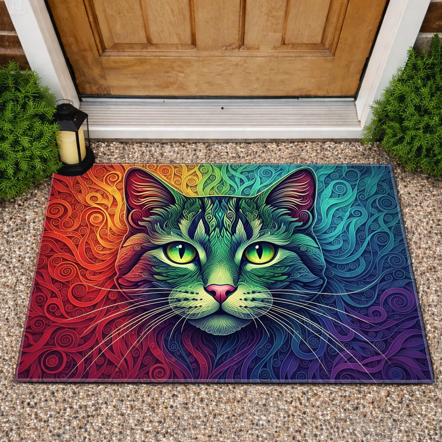 Vibrant Jewel Tone Rainbow Filigree Cat Face Home Decor Gift for Cat Lover Doormat - 1