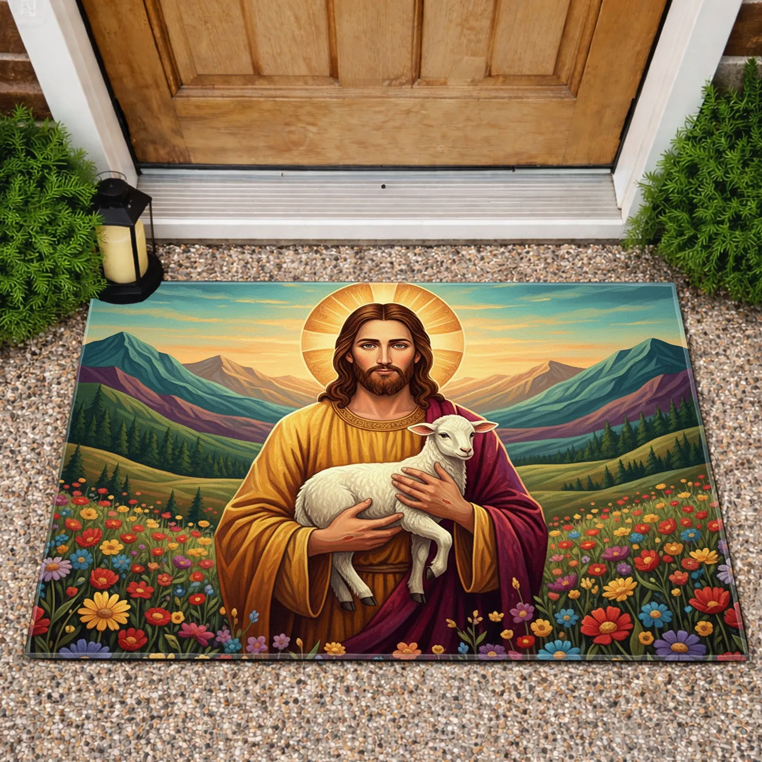 Jesus Cradling Lamb Wildflower Mountain - Christian Faith Home Decor Gift Doormat - 1