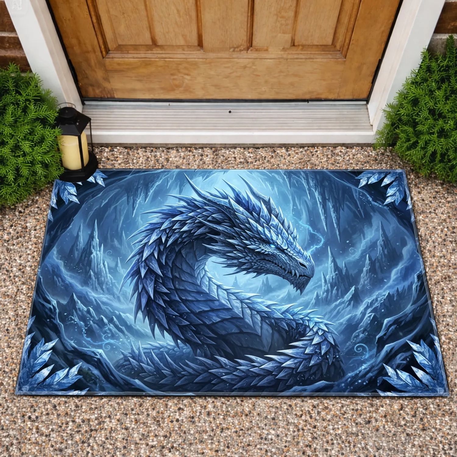 Majestic Ice Dragon Head Cavern - Fantasy Home Decor Gift for Dragon Lover Doormat - 1