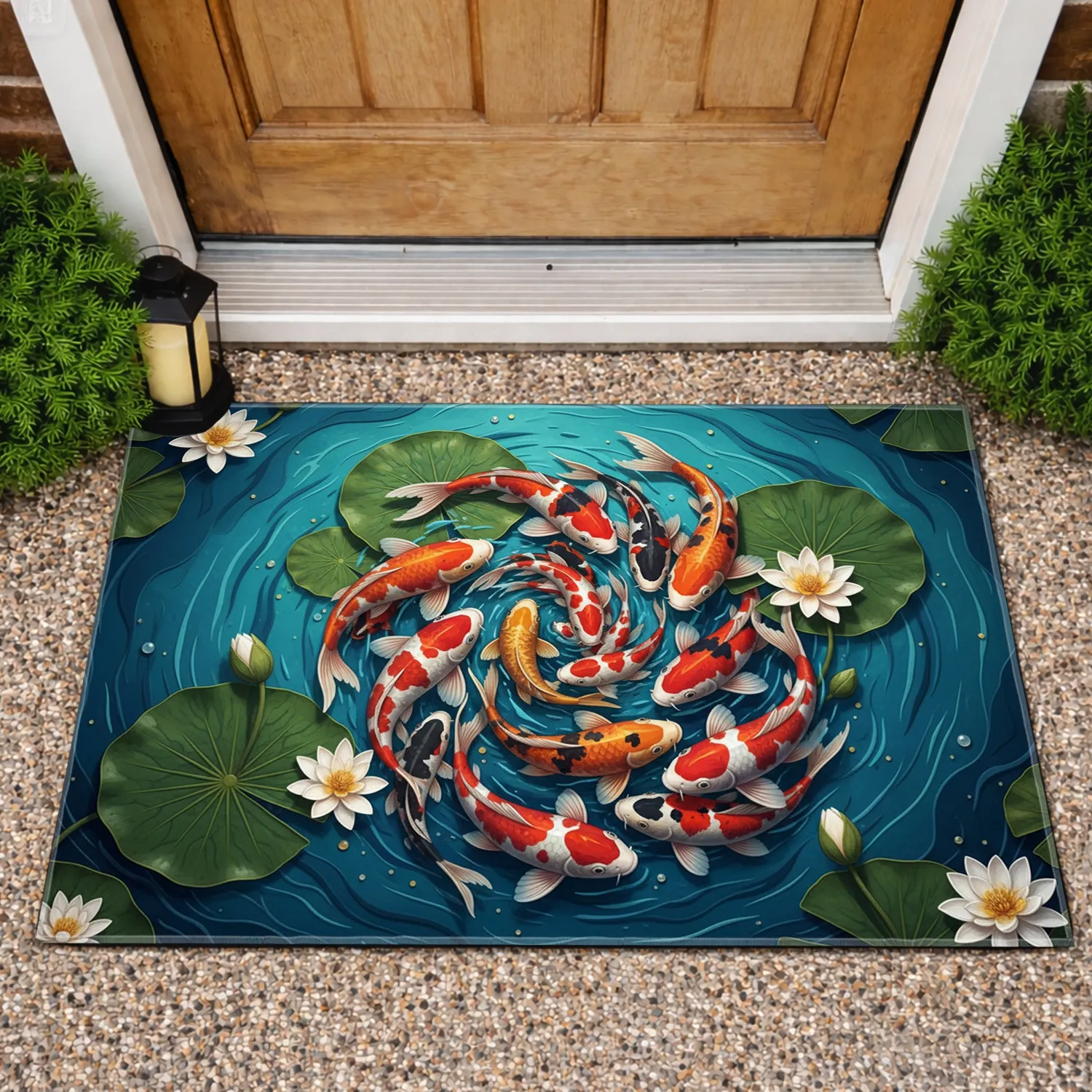 Vibrant Koi Fish Lily Pads Water Lilies Pond Garden - Outdoor Decor Gift Doormat - 1