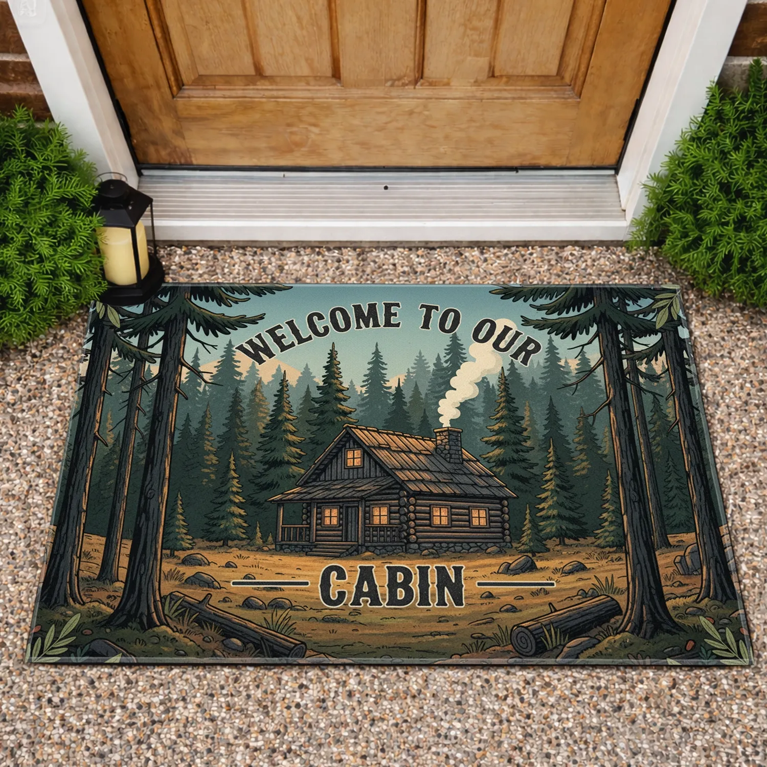 Log Cabin Pine Forest Welcome Sign - Cabin Life Decor Gift for Cabin Lover Doormat - 1