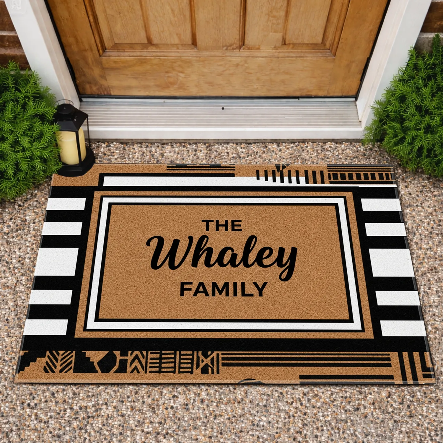 Custom Family Name Welcome Sign - Brown Black Striped Outdoor Decor Doormat - 1