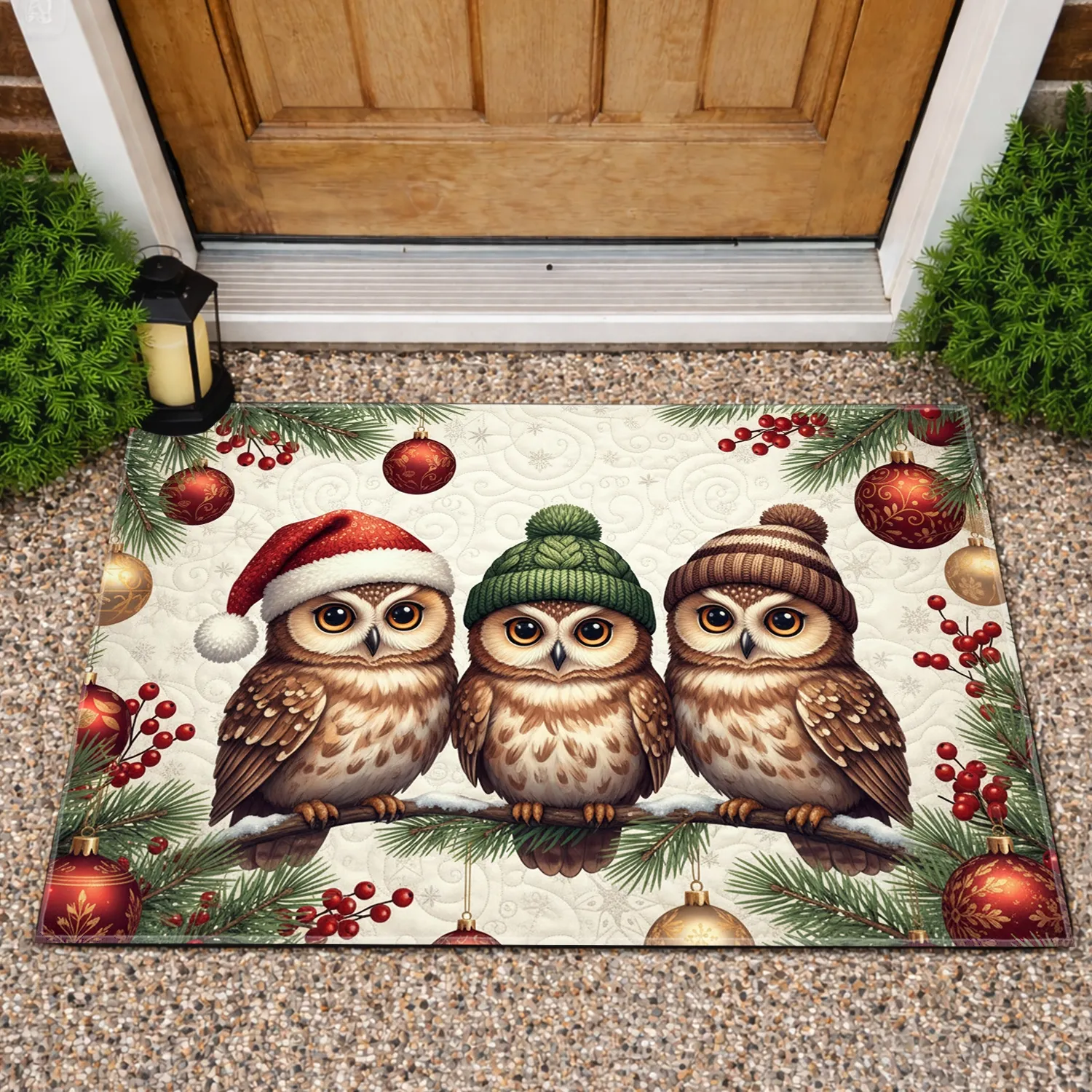 Owls Winter Hats Pine Branch Holly Berries Christmas Decor Doormat - 1