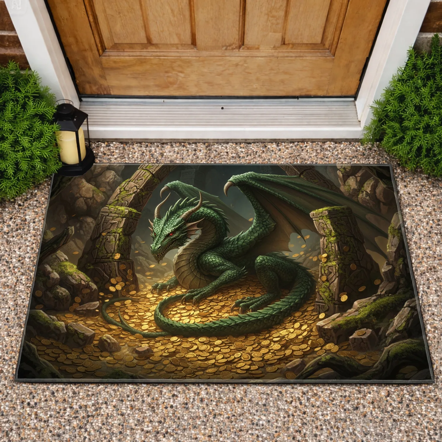 Green Dragon Gold Hoard Cavern - Fantasy Home Decor Gift for Fantasy Enthusiasts Doormat - 1
