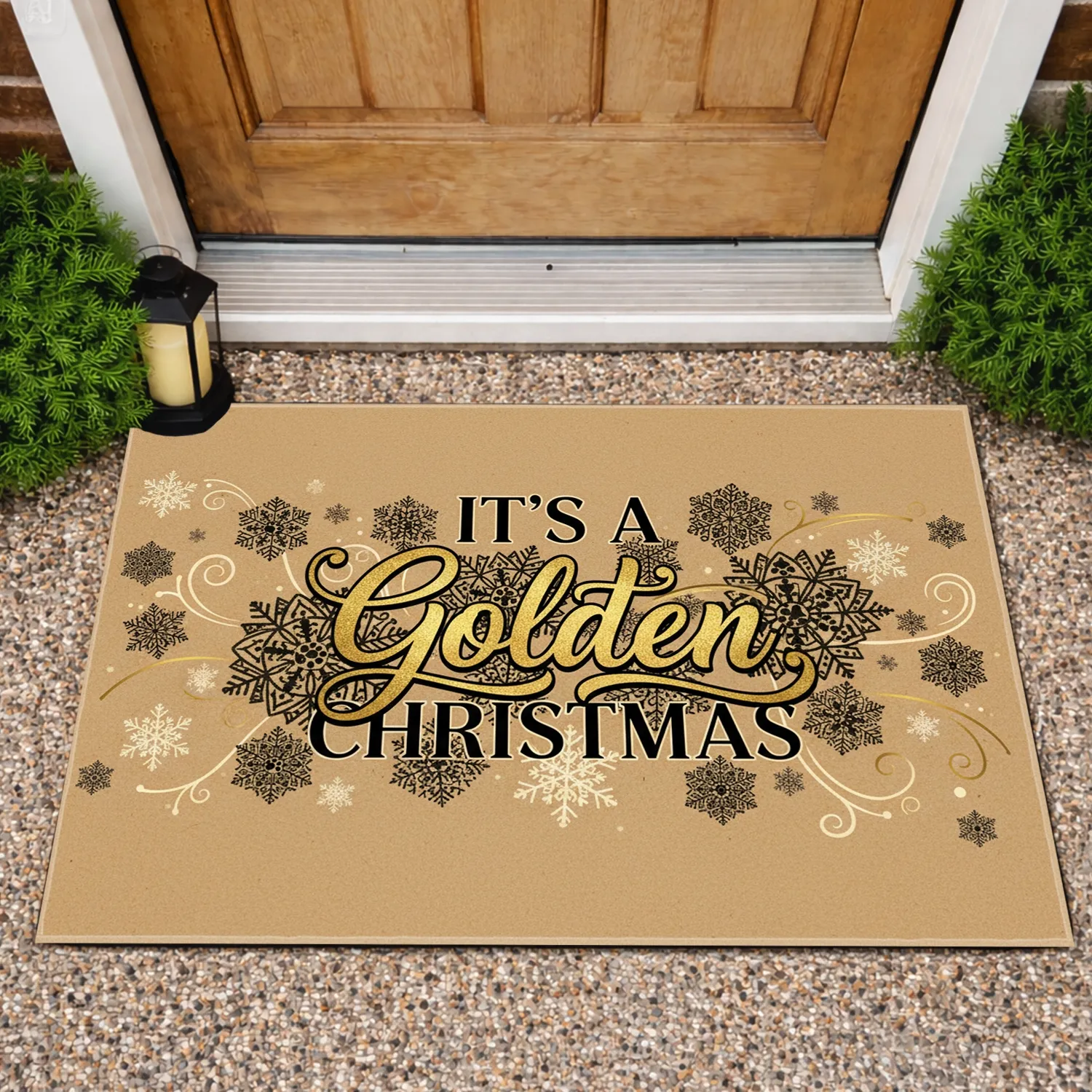 Golden Christmas Snowflakes Paw Prints - Holiday Home Decor Gift Doormat - 1
