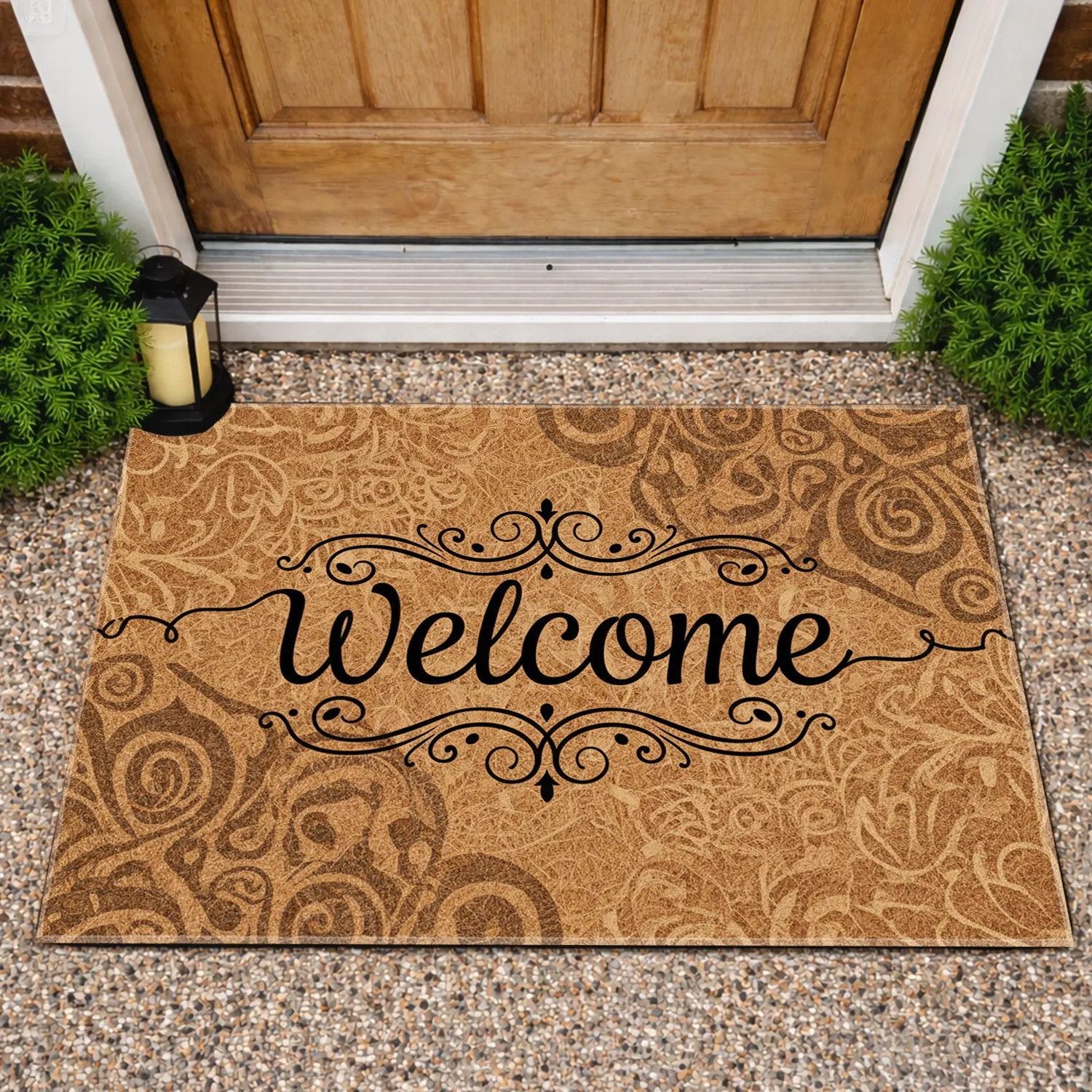Black Script Welcome Flourishes - Home Entryway Decor Gift Doormat - 1