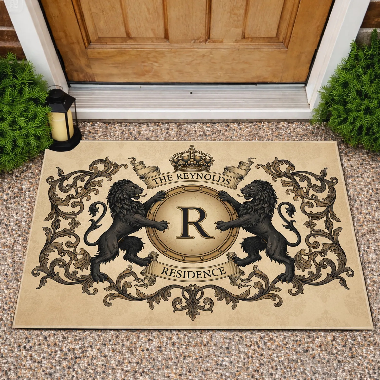 Black Lions Crest Shield Custom Family Name - Elegant Home Decor for Family Residence Doormat - 1