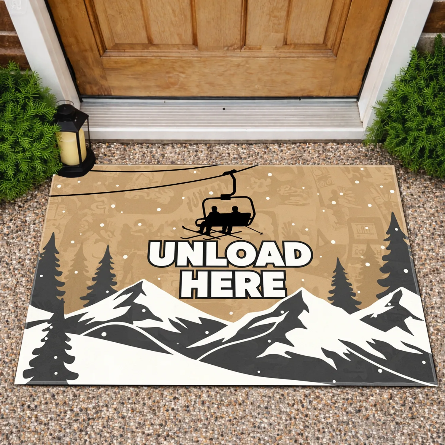 Unload Here Ski Lift Mountain Peaks Snow Scene - Winter Sports Holiday Decor Gift Doormat - 1