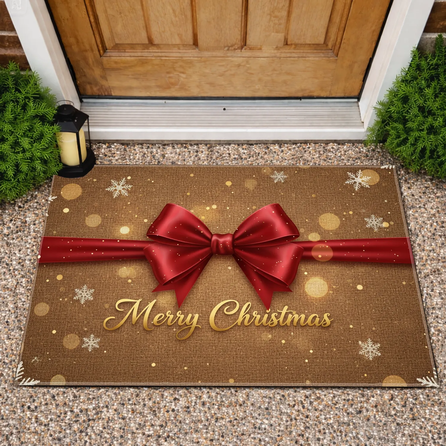 Christmas Ribbon Bow Merry Christmas Text Glitter Snowflakes - Festive Holiday Decor Doormat - 1