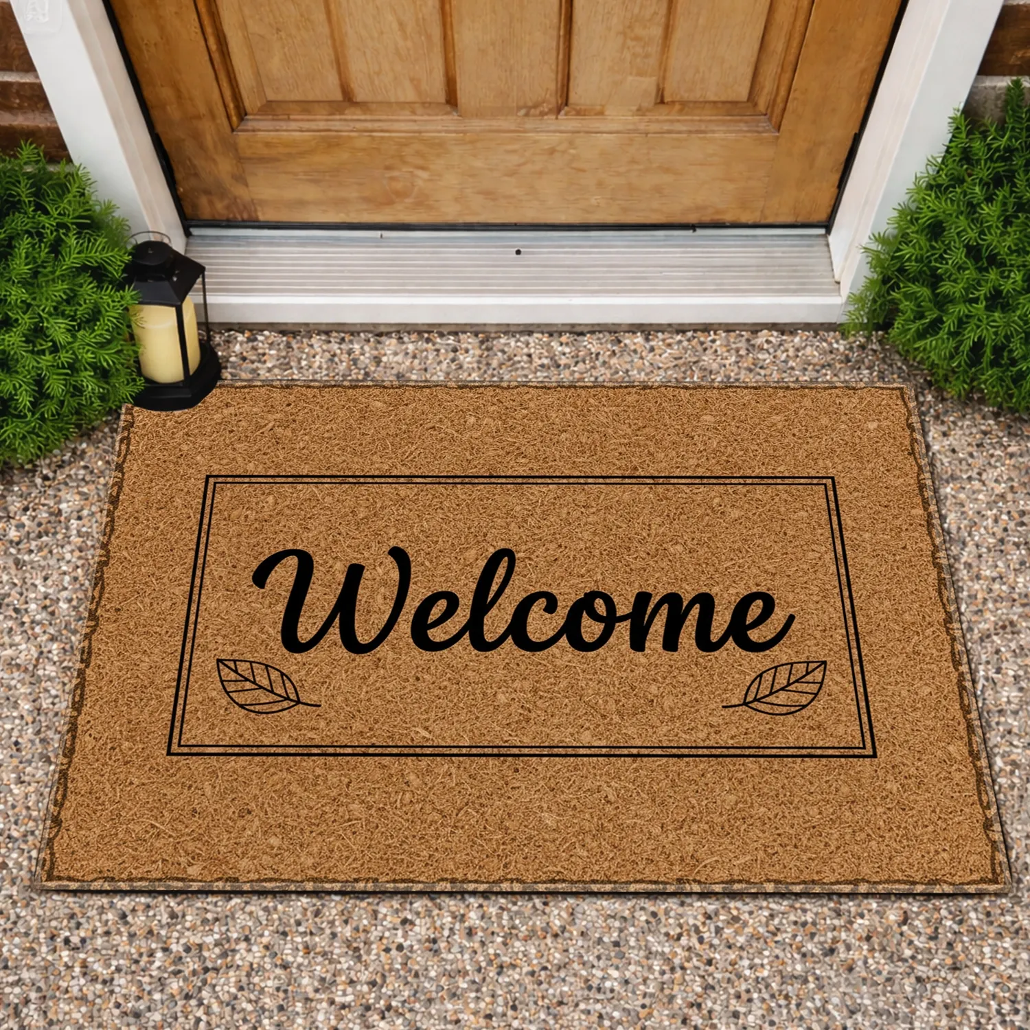 Welcome Script Black Leaf Motifs Background - Home Decor Gift Doormat - 1