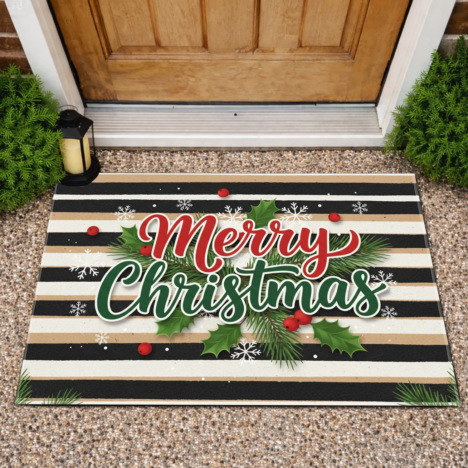 Merry Christmas Holly Leaves Snowflakes Evergreen Sprigs - Christmas Holiday Home Decor Doormat - 1