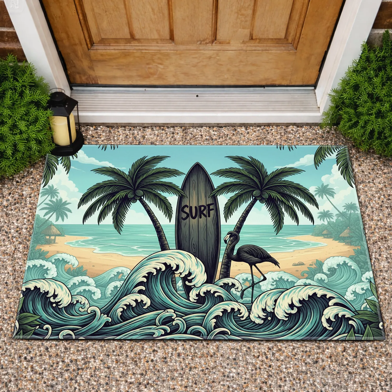 Tropical Surfboard Flamingo Palm Trees - Ocean Beach Outdoor Decor for Surf Lover Doormat - 1