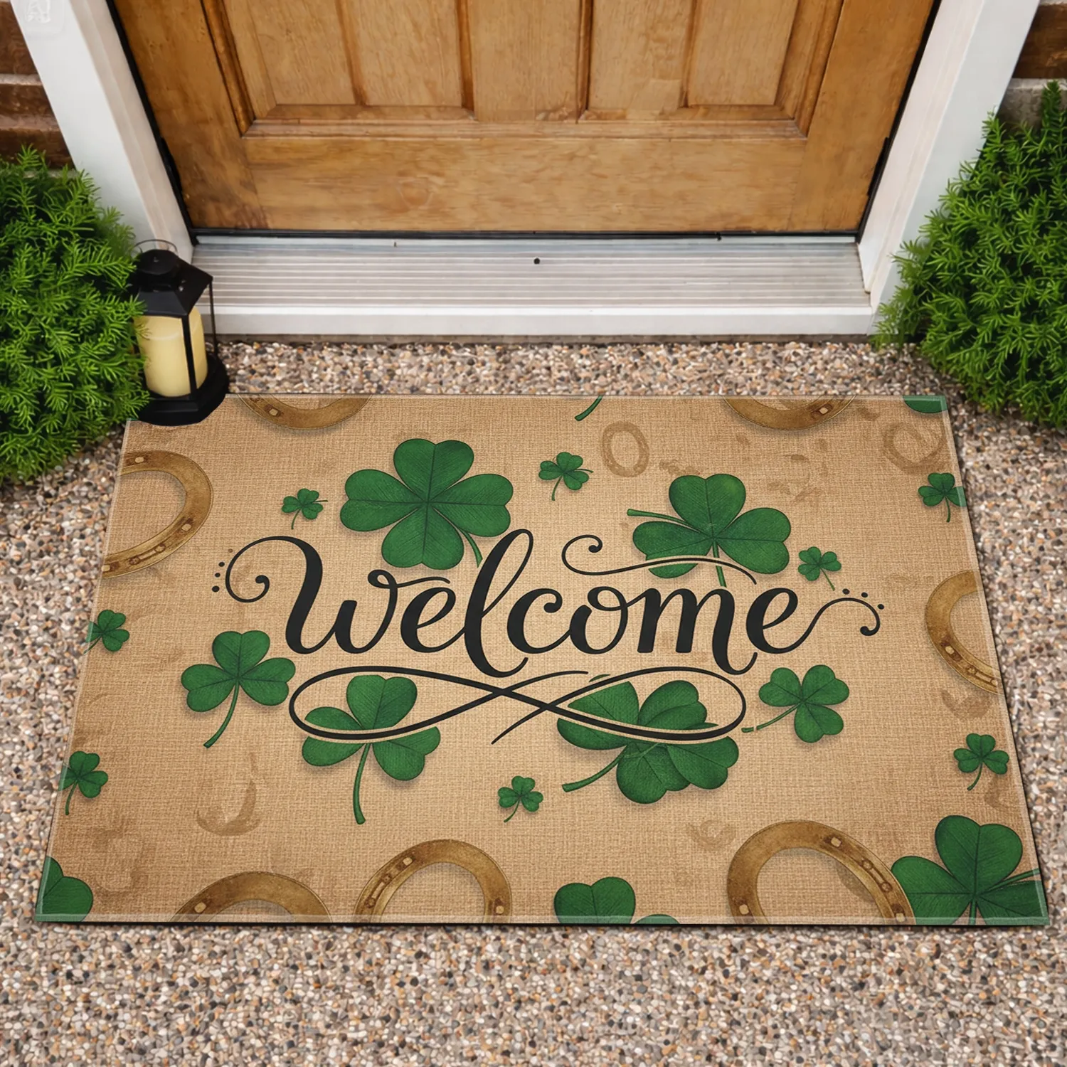 Flowing Welcome Shamrocks Lucky Horseshoes - Front Door Home Entryway Decor Doormat - 1