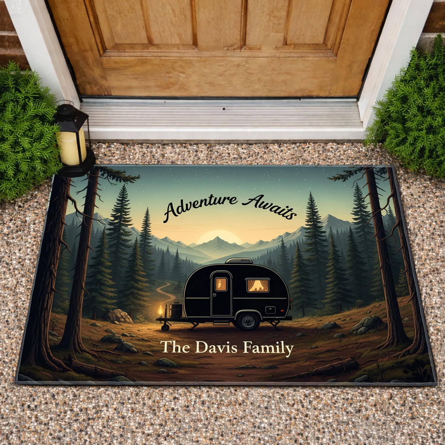 Teardrop Camper Forest Wilderness Custom Name - Adventure Awaits Family Outdoor Decor Doormat - 1