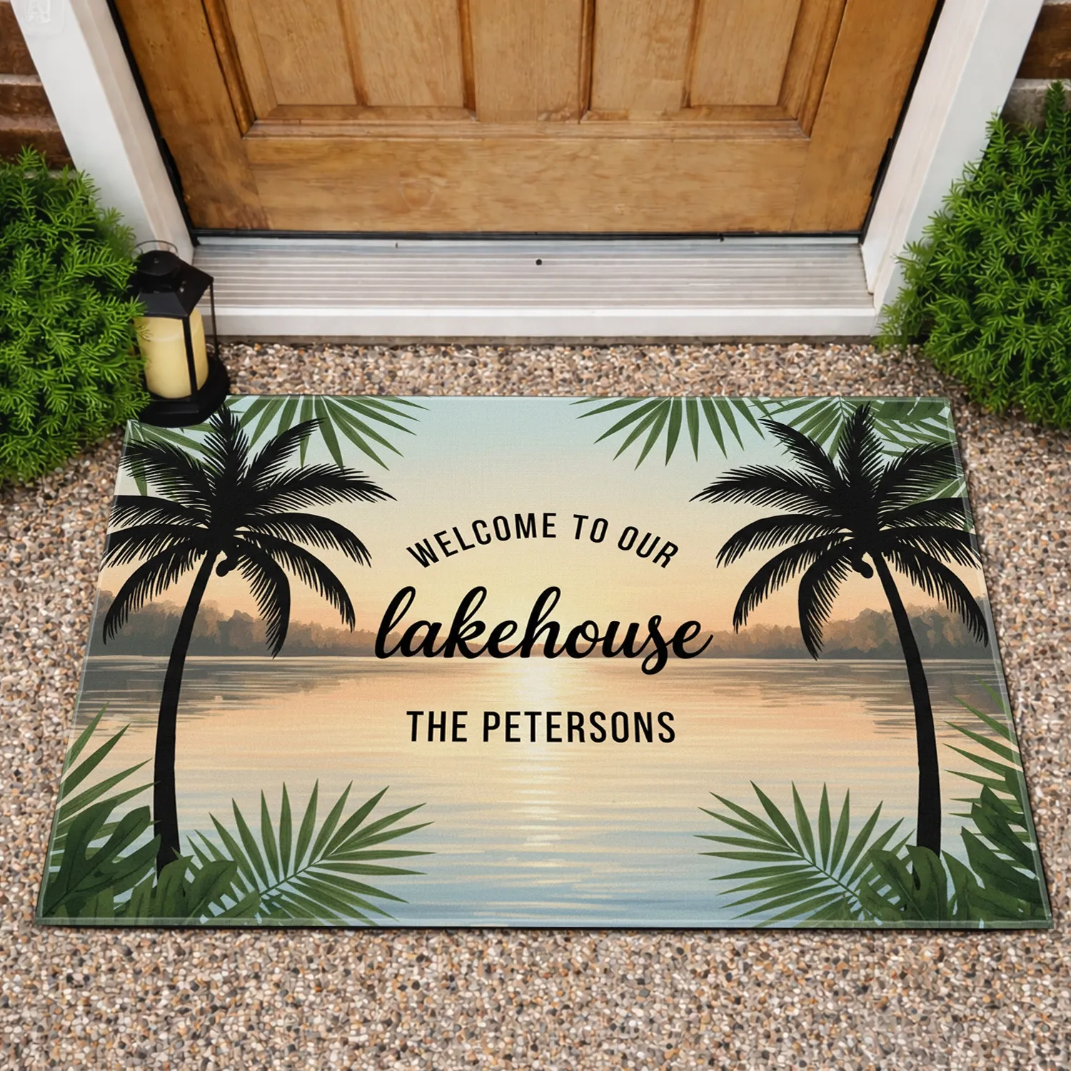 Welcome Lakehouse Custom Name Palm Trees Lakeside Home Decor Gift Doormat - 1