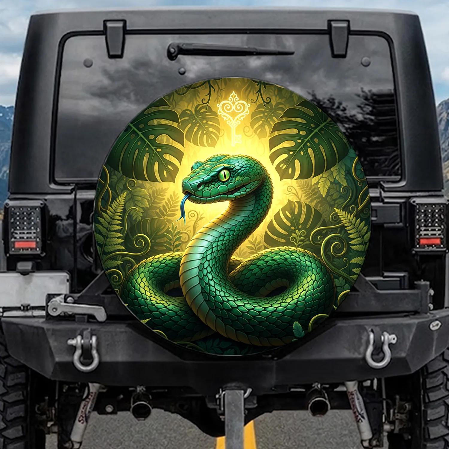 Coiled Snake Tropical Foliage Glowing Key-Heart - Wildlife & Nature Lover Gift Spare Tire Cover - 1