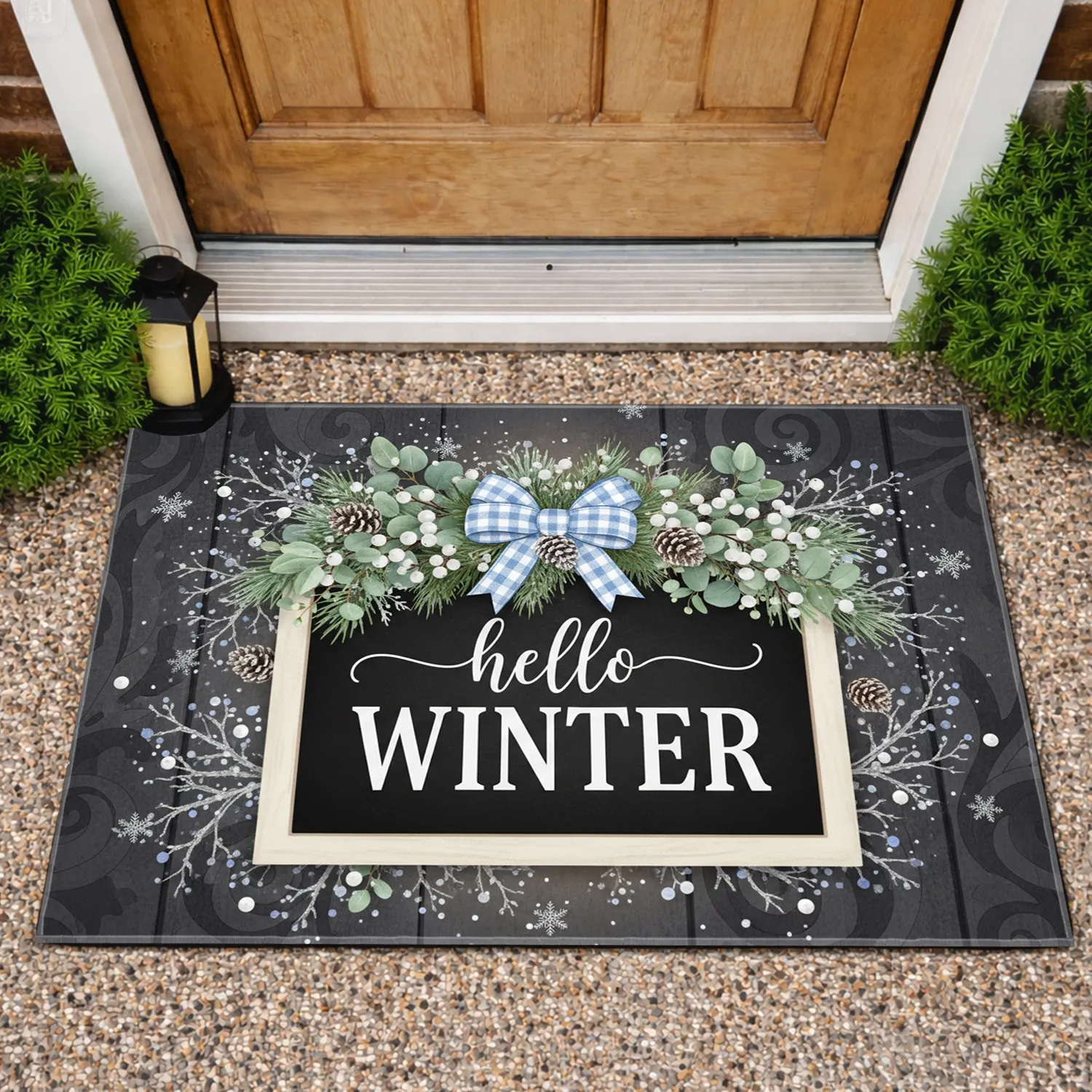 Black Chalkboard hello WINTER Sign Frosted Greenery - Winter Welcome Home Decor Doormat - 1