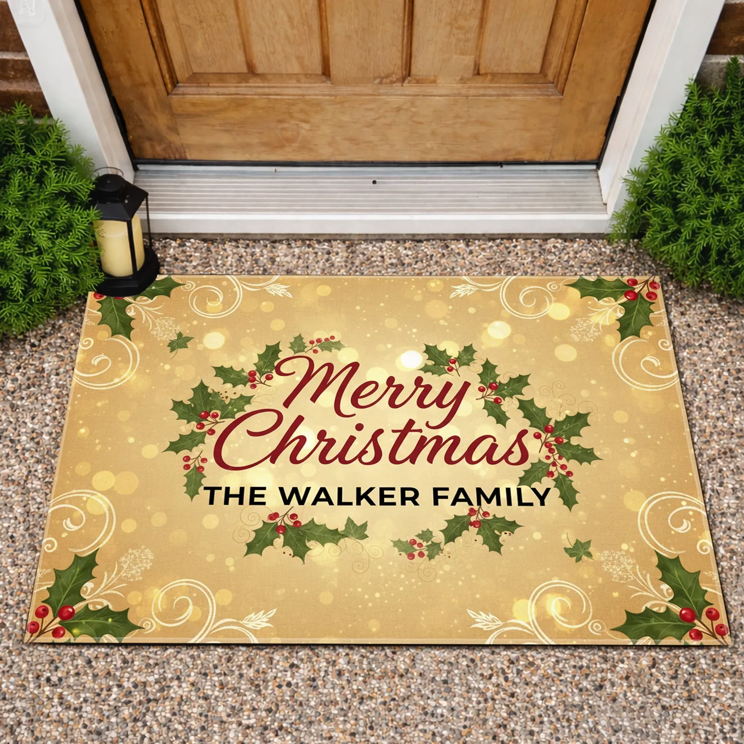 Festive Merry Christmas Custom Name Holly Ivy Golden Parchment - Christmas Holiday Decor Doormat - 1