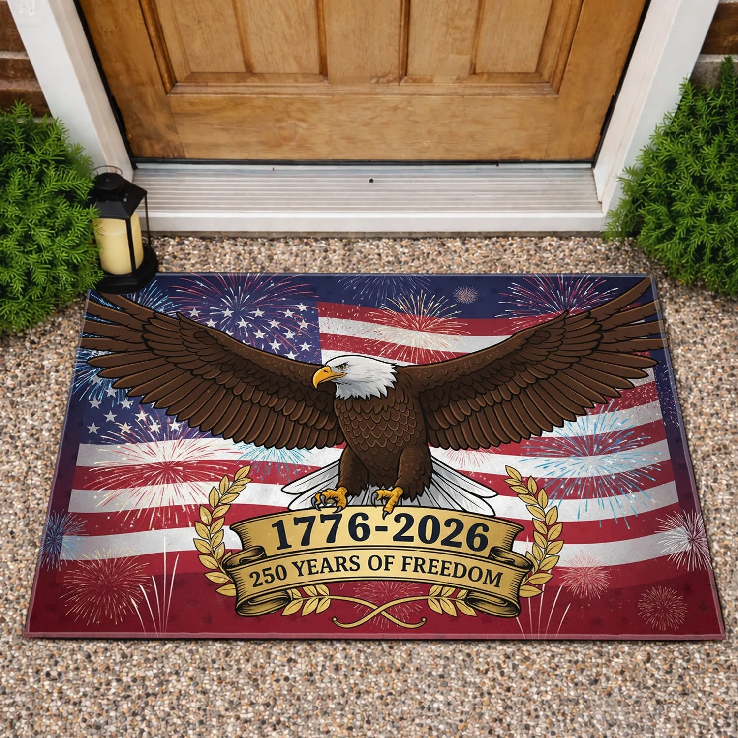Bald Eagle American Flag 1776-2026 Laurel Wreaths - USA 250 Years of Freedom Doormat - 1