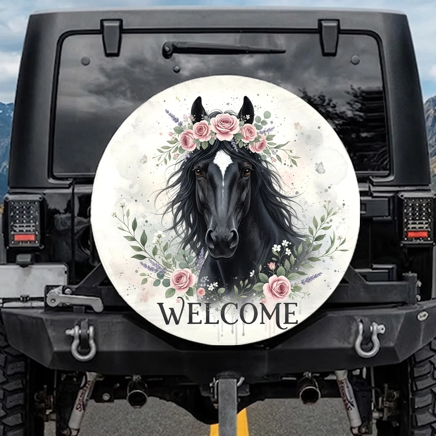 Black Horse Floral Crown Welcome Eucalyptus Butterflies Spare Tire Cover - 1