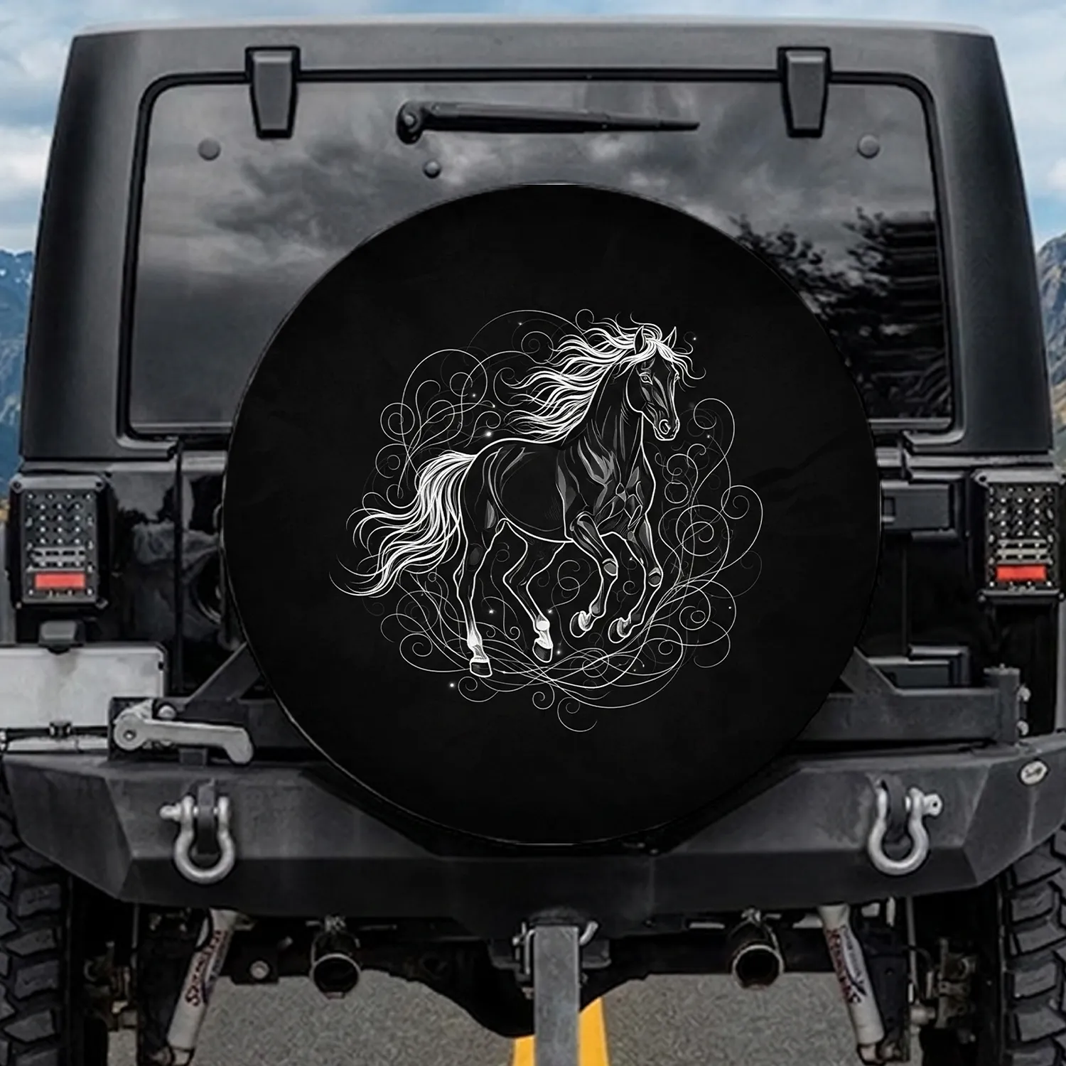 Prancing Horse Majestic Flowing Mane Tail Black Background - Horse Lover Vehicle Decor Gift Spare Tire Cover - 1