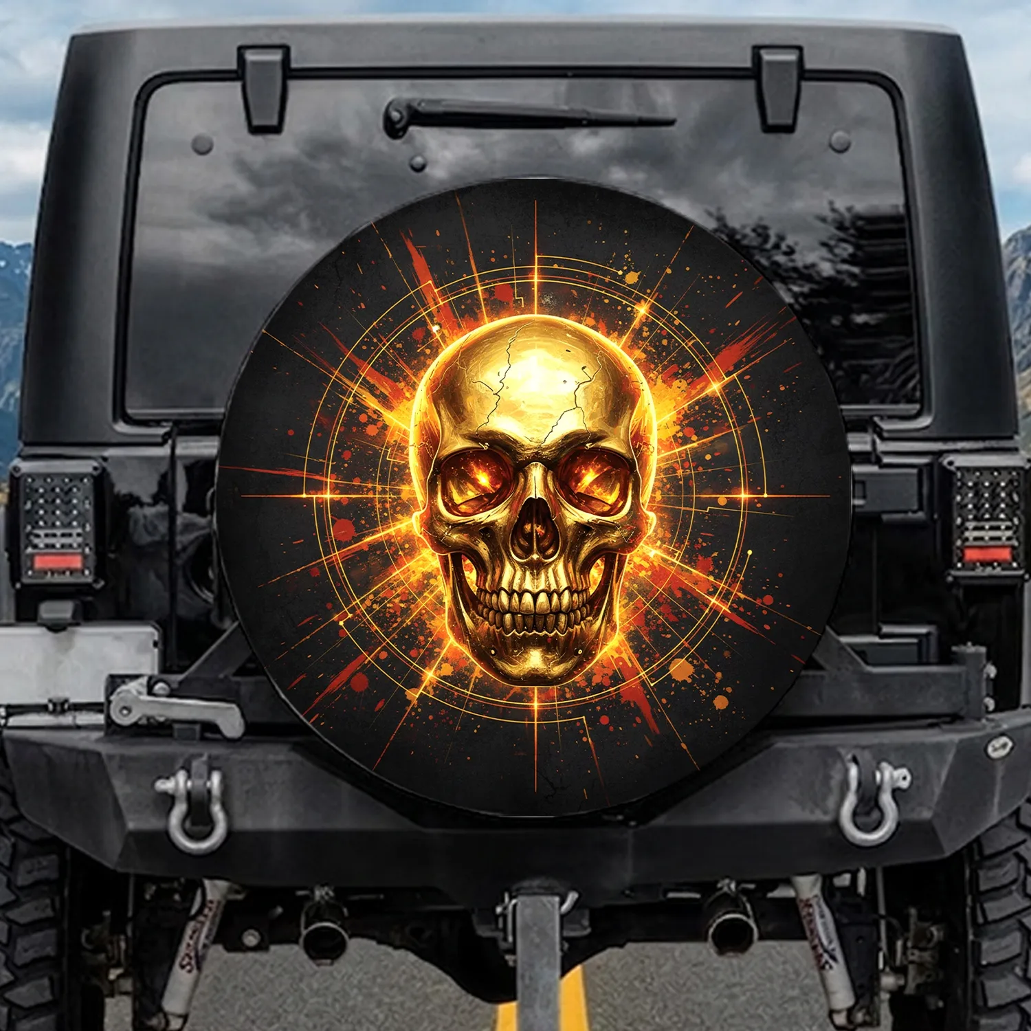 Golden Skull Circuit Lines Reticle - Vehicle Decor Gift Spare Tire Cover - 1