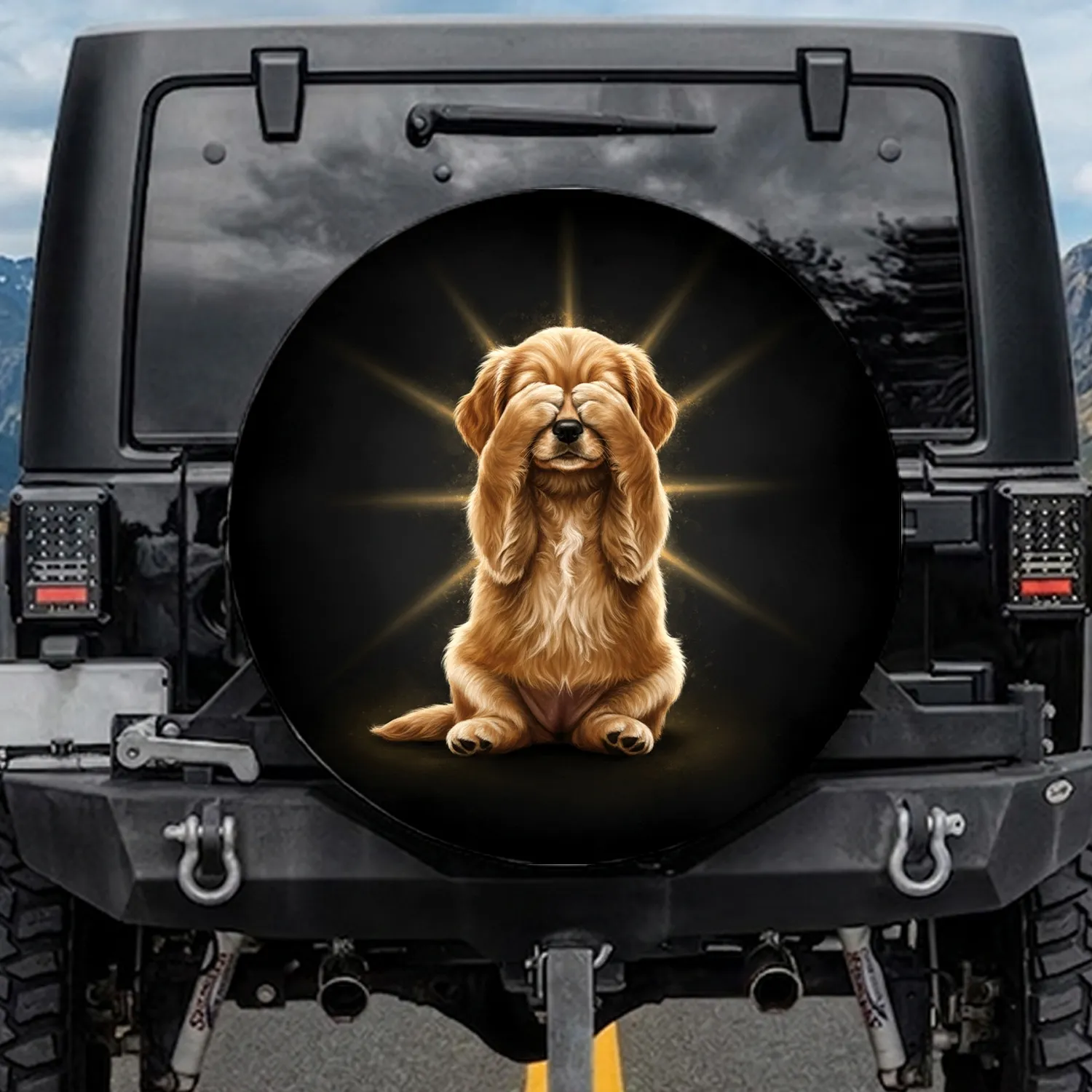 Fluffy Golden Retriever Puppy Peek-a-boo - Dog Lover Vehicle Accessory Gift Spare Tire Cover - 1
