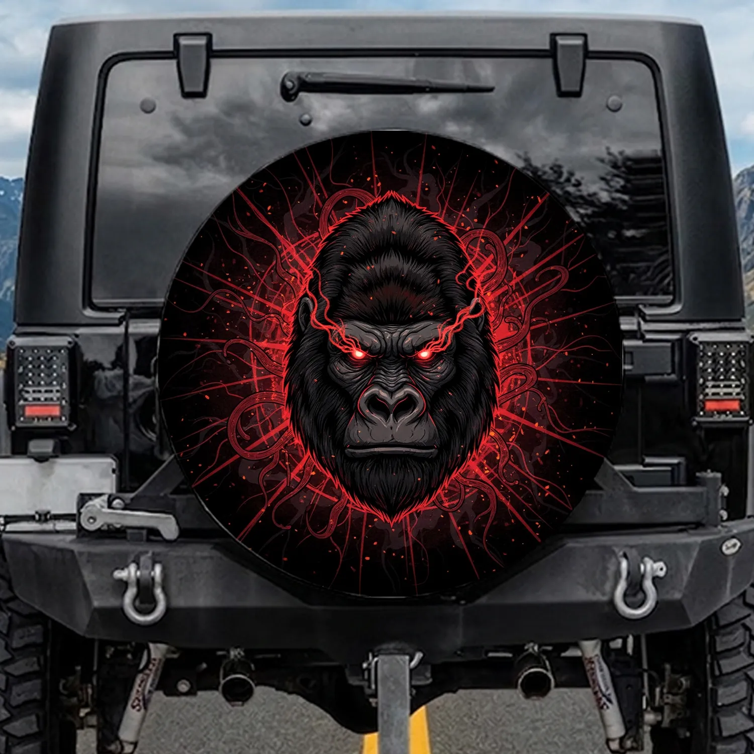 Gorilla Glowing Red Eyes Energy Tendrils Black Abyss Crimson Trails Wildlife Lover Gift Spare Tire Cover - 1