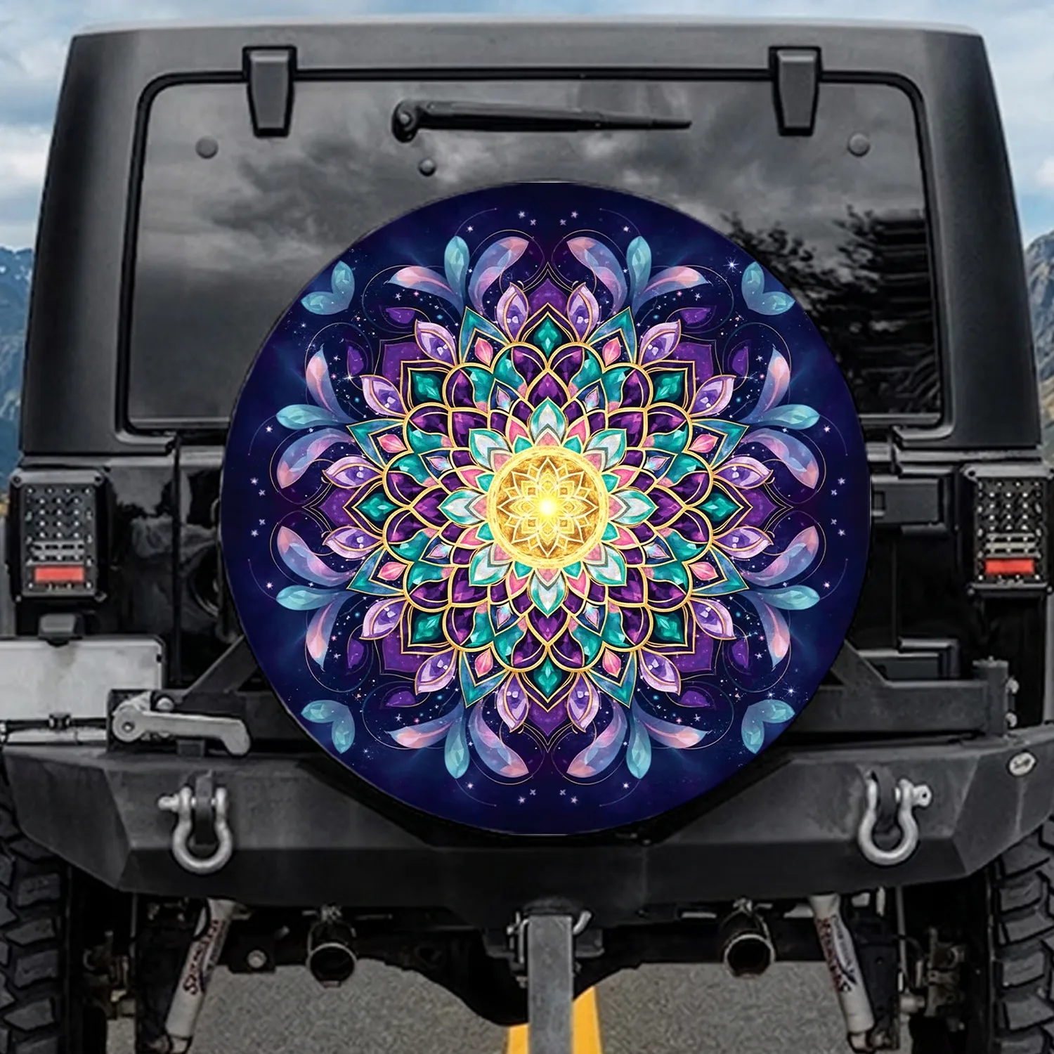 Symmetrical Golden Core Jewel Petal Geometric Mandala Cosmic Star Dust - Car Accessory Gift Spare Tire Cover - 1