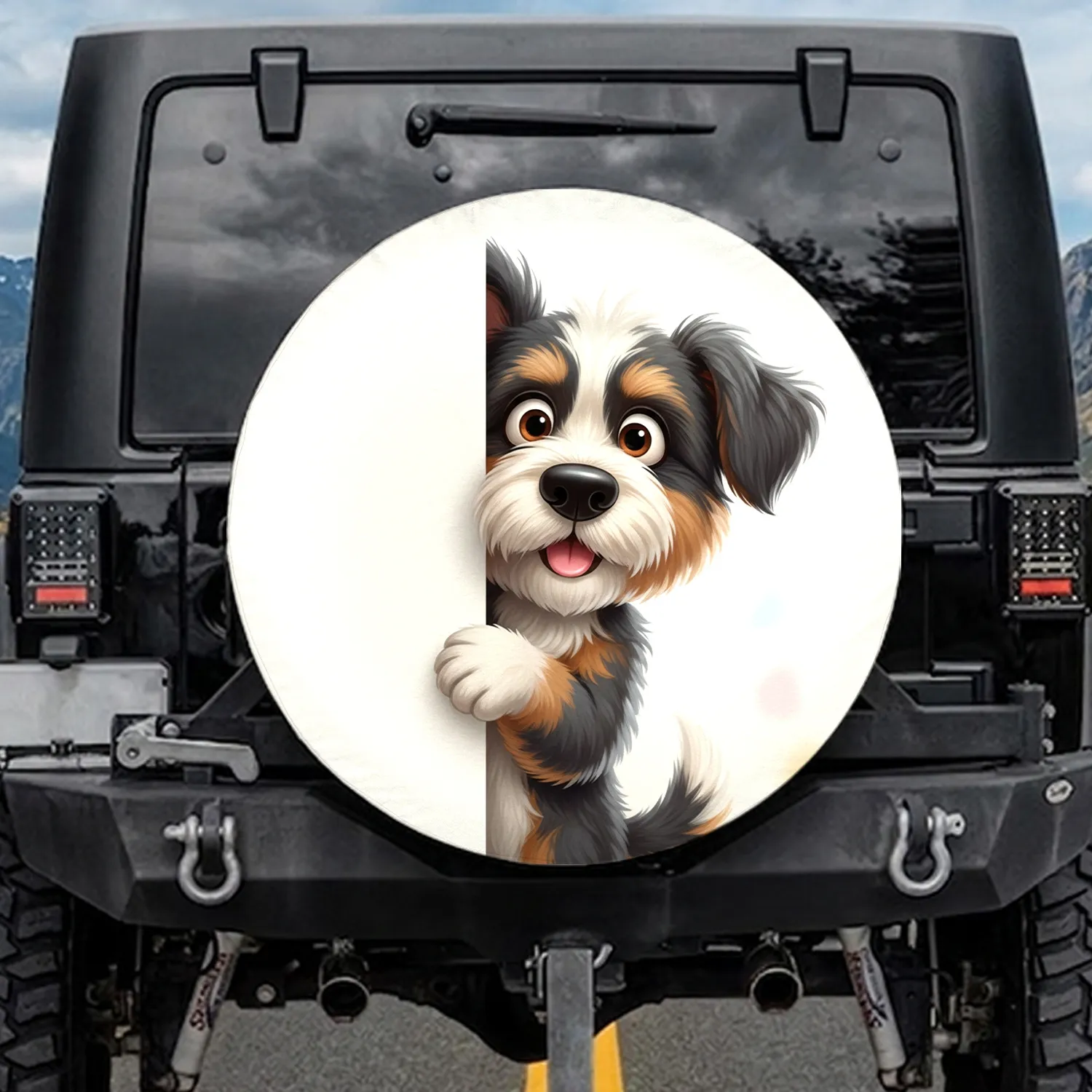 Comically Startled Cartoon Dog Peeking Soft Partition - Dog Lover Gift Spare Tire Cover - 1