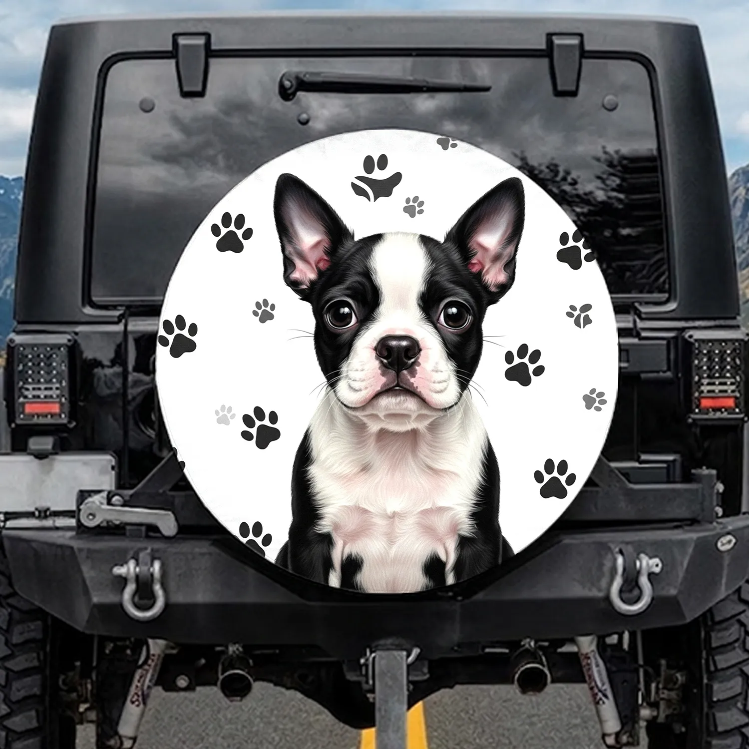 Pink Nose Boston Terrier Puppy Black White Fur with Scattered Paw Prints - Dog Lover Gift Spare Tire Cover - 1
