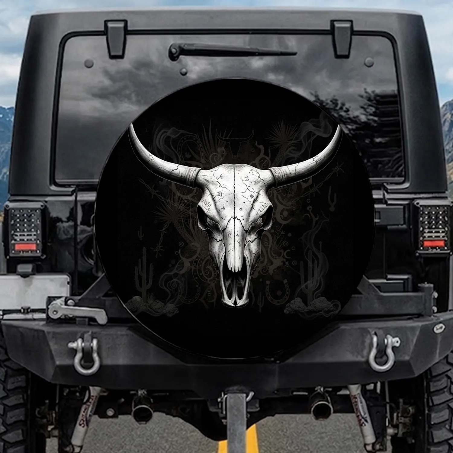Weathered Horns Bull Skull Desert Tribal - Western Lifestyle Cowboy Gift Spare Tire Cover - 1