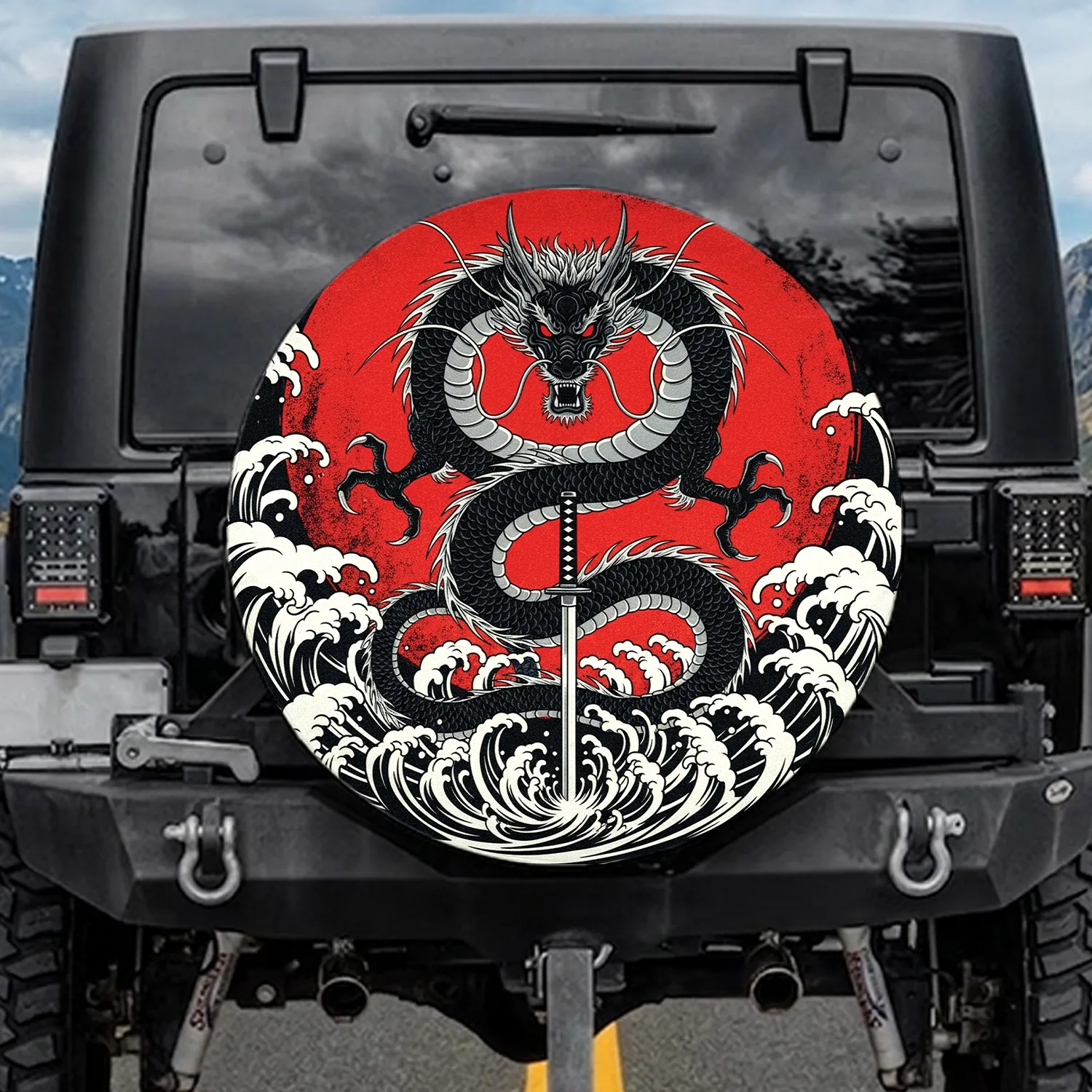 Black Dragon Samurai Sword Red Sun Wave - Mythology Lover Travel Essentials Spare Tire Cover - 1