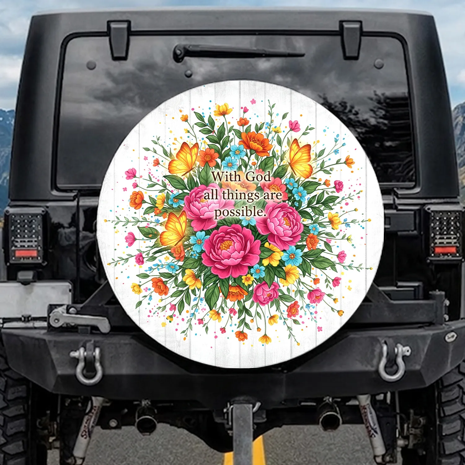 Vibrant Floral Bouquet Butterflies 'With God All Things Are Possible' Text - Inspirational Faith Gift Spare Tire Cover - 1