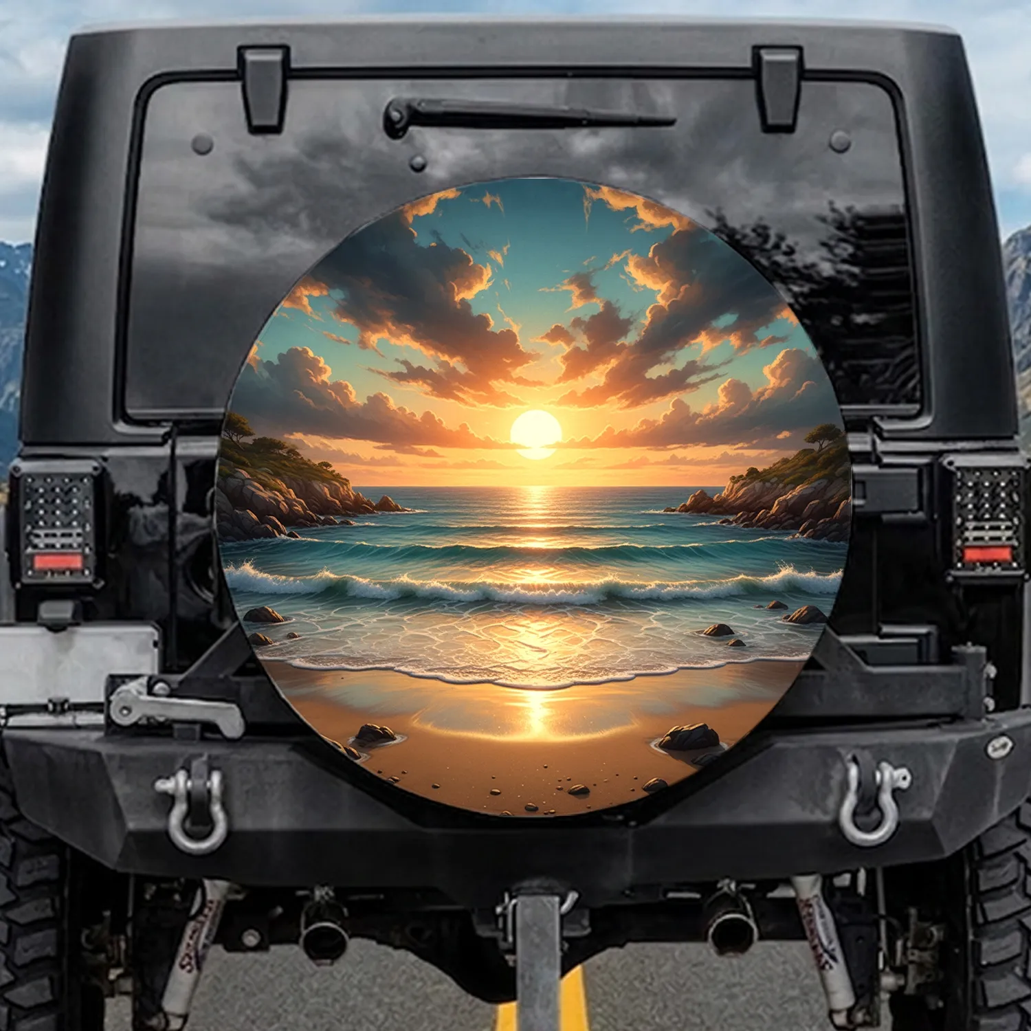 Golden Sun Ocean Waves Rocky Coast & Mediterranean Plants - Outdoor Lifestyle Gift Spare Tire Cover - 1