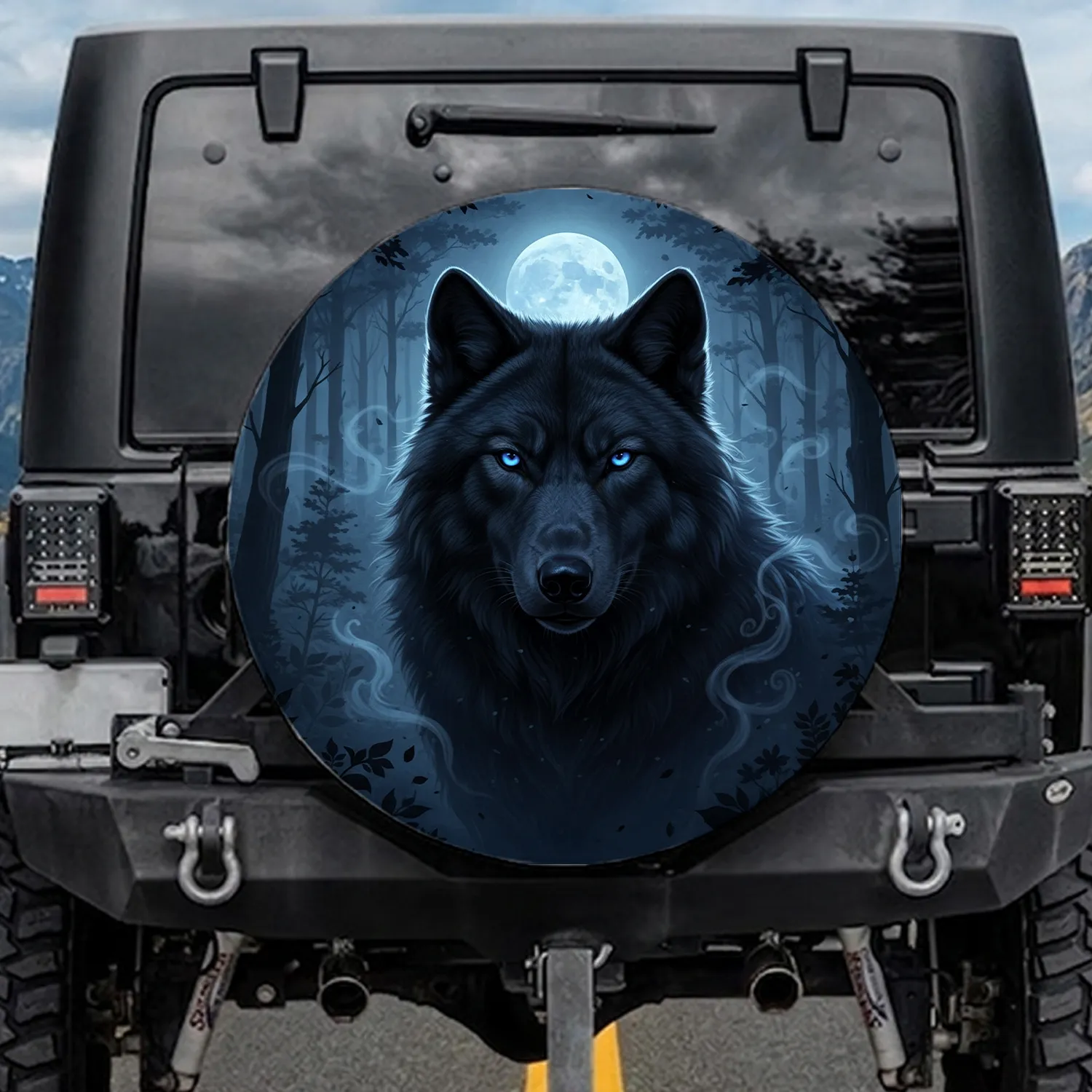 Majestic Black Wolf Head Electric Blue Eyes Moonlit Forest - Wildlife Lover Gift Spare Tire Cover - 1