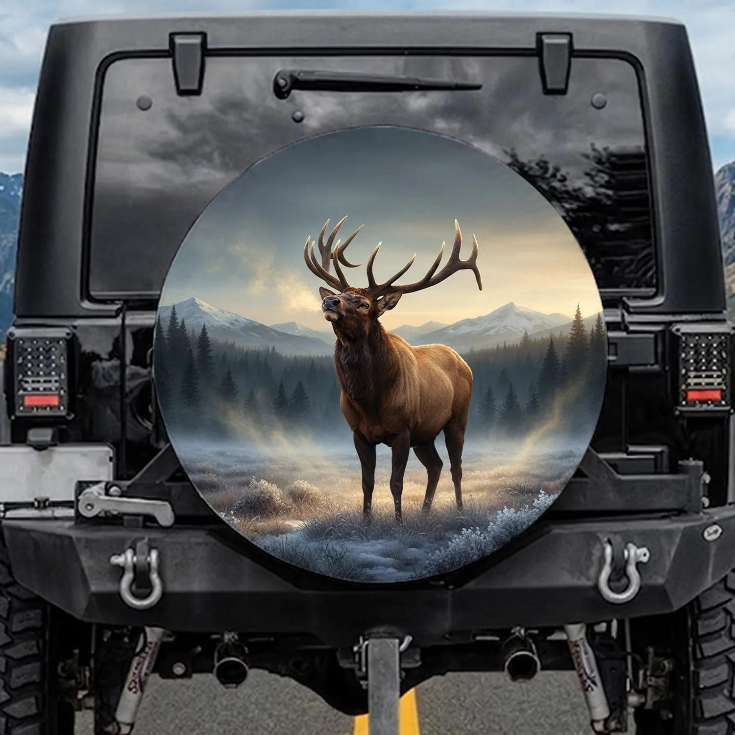 Bull Elk Antlers Cold Morning Frosted Grasses Mountain Forest - Wildlife Gift Spare Tire Cover - 1