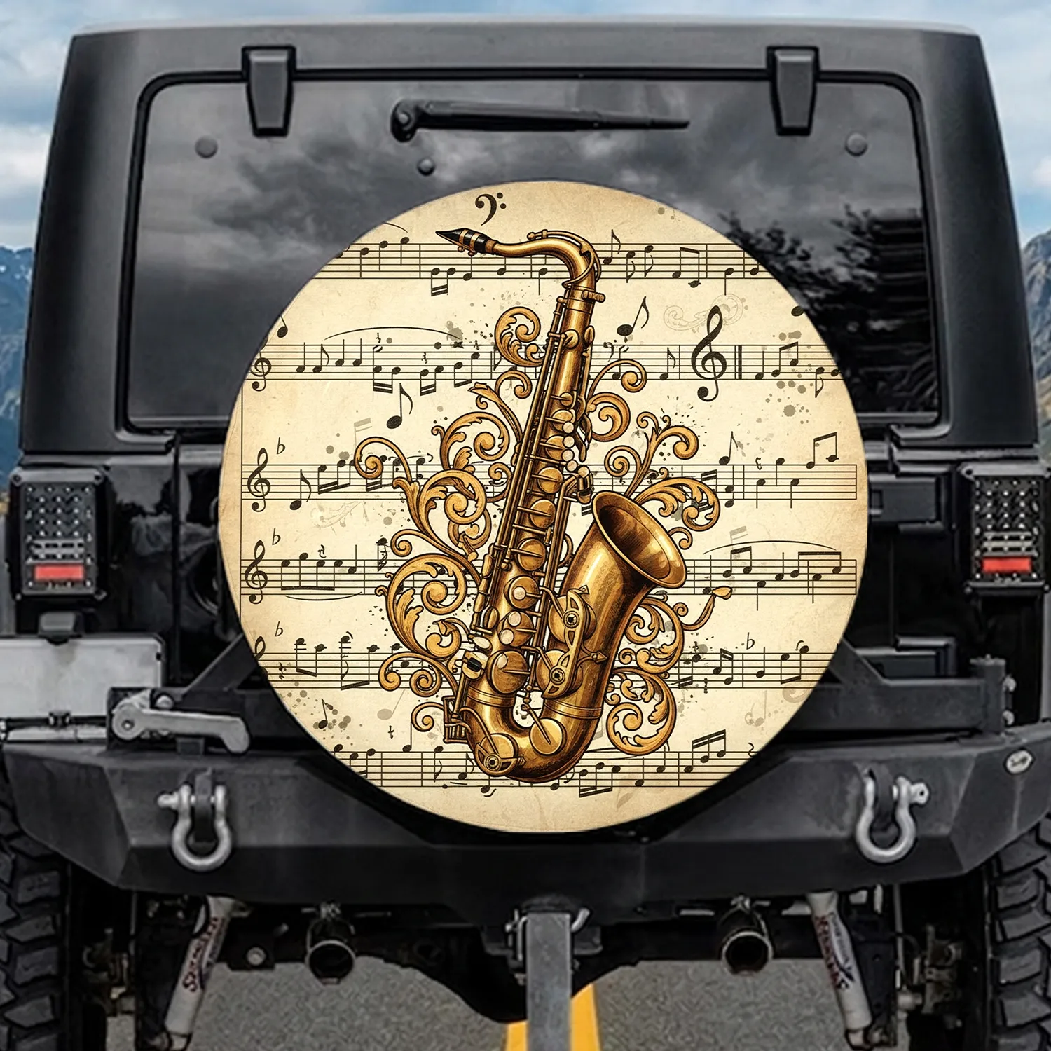 Antique Brass Saxophone Elegant Clefs Musical Notes - Aged Parchment Jazz Music Lover Gift Spare Tire Cover - 1